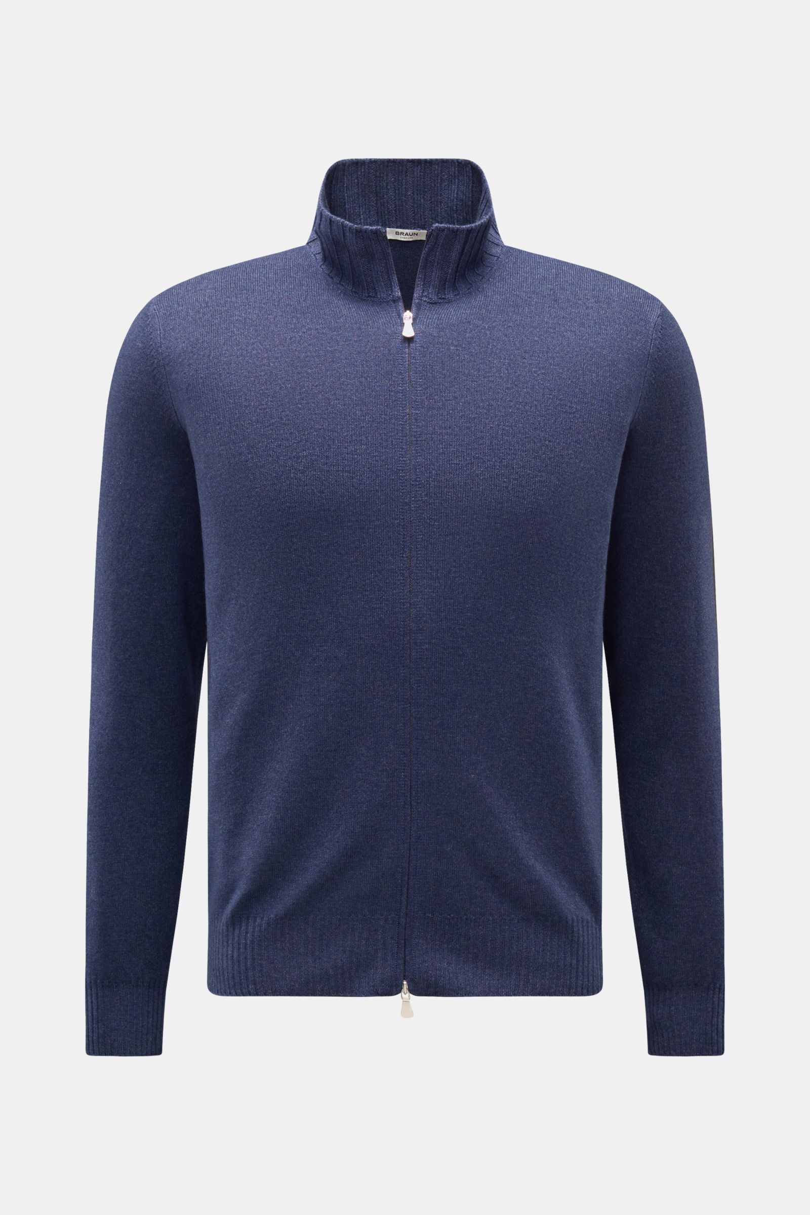 BRAUN Hamburg Strickjacke dunkelblau meliert, von vorne fotografiert, Regular Fit mit Stehkragen, Reißverschluss, weichem Griff, feinem Strickbild und flexiblen Rippbündchen aus Schurwolle, Cashmere und Viskose.