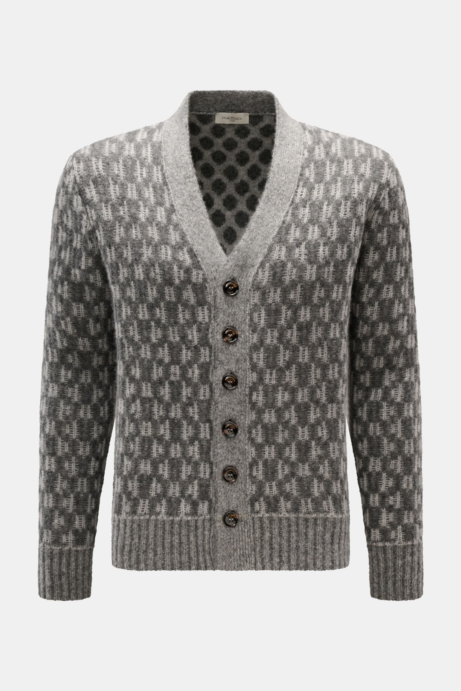 Piacenza 1733 Cardigan hellgrau/dunkelgrau gemustert, Slim Fit, V-Ausschnitt, Sechs-Knopf-Leiste, Wabenmuster, weich, leichte Strickqualität, frontale Nahaufnahme.