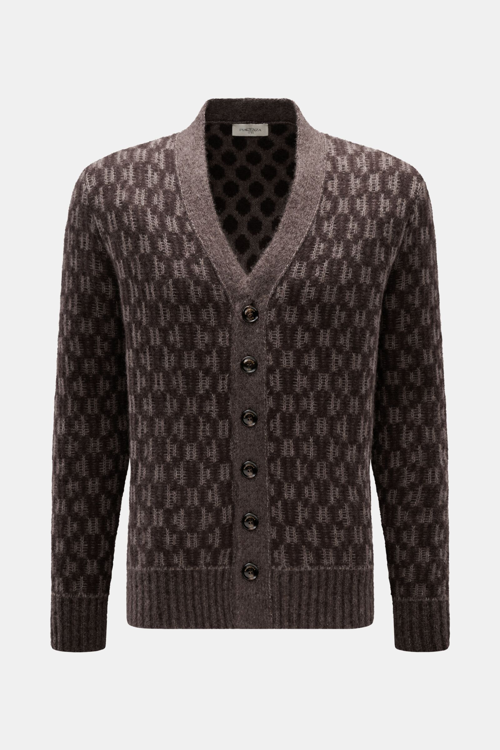 Piacenza 1733 Cardigan graubraun/dunkelbraun gemustert, Slim Fit, V-Ausschnitt, Sechs-Knopf-Leiste, weiches Wabenmuster, frontale Nahaufnahme.