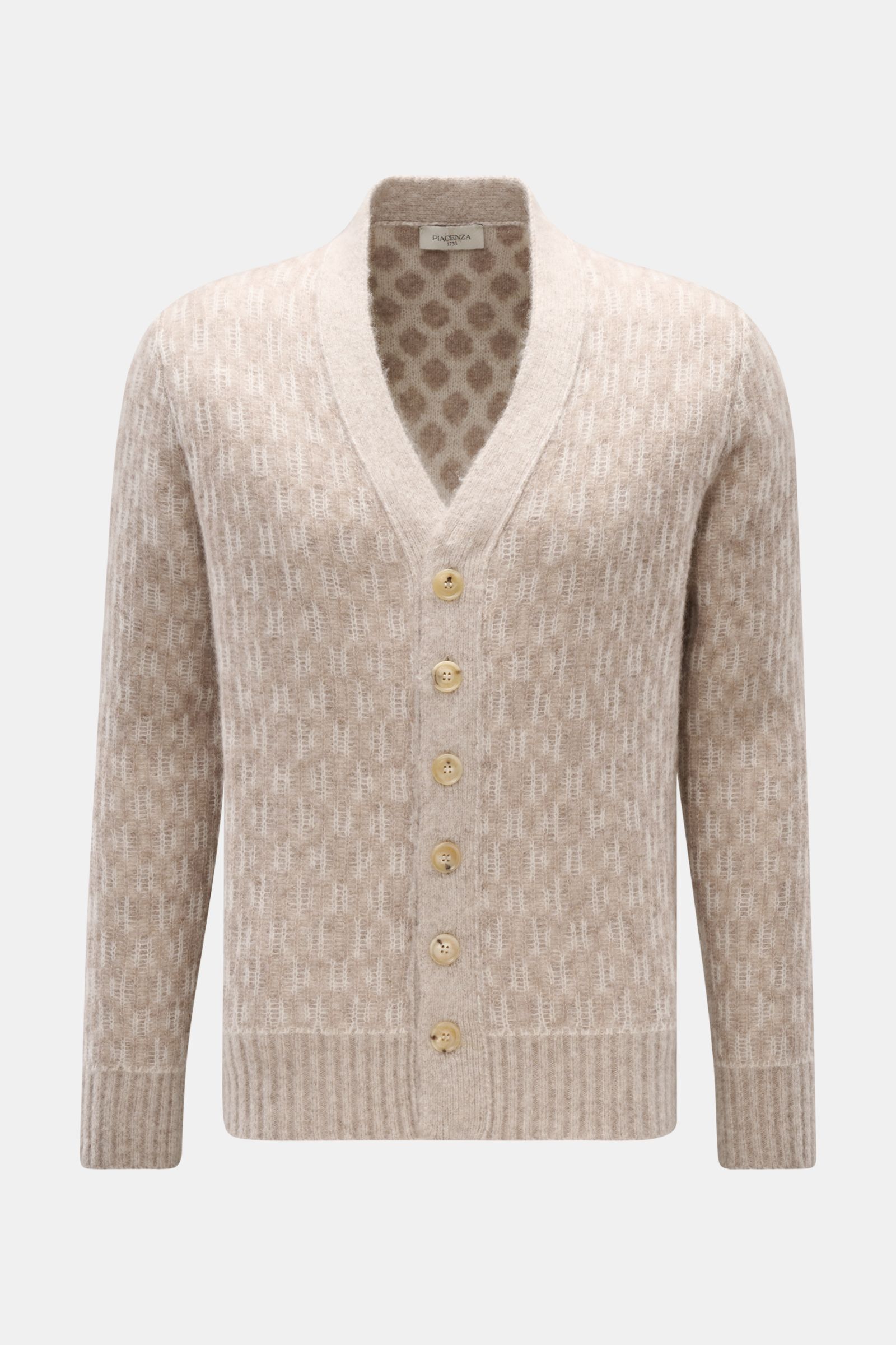 Piacenza 1733 Cardigan hellbraun/beige gemustert, Slim Fit, V-Ausschnitt, sechs Knöpfe, weiche Cashmere-Seide-Microfaser-Qualität, Frontansicht.