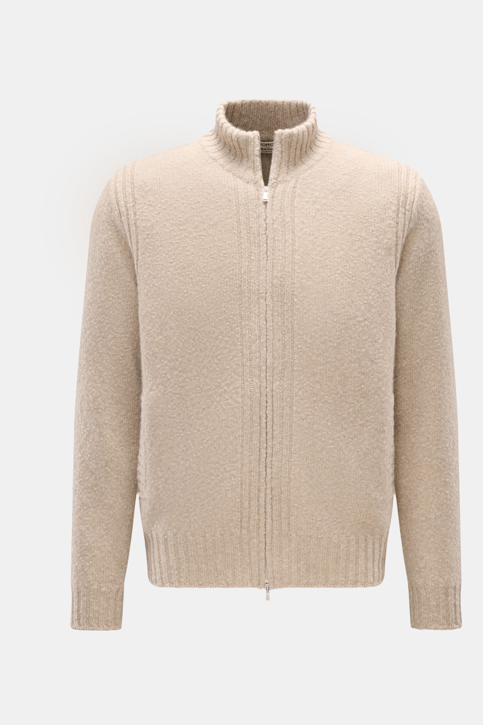 Front view of Fioroni Cashmere Strickjacke sand meliert cardigan made of reiner Cashmere, very soft touch, medium fine knit, light bouclé effect, Slim Fit, two-way zipper, slanted hip pockets, and flexible ribbed cuffs.