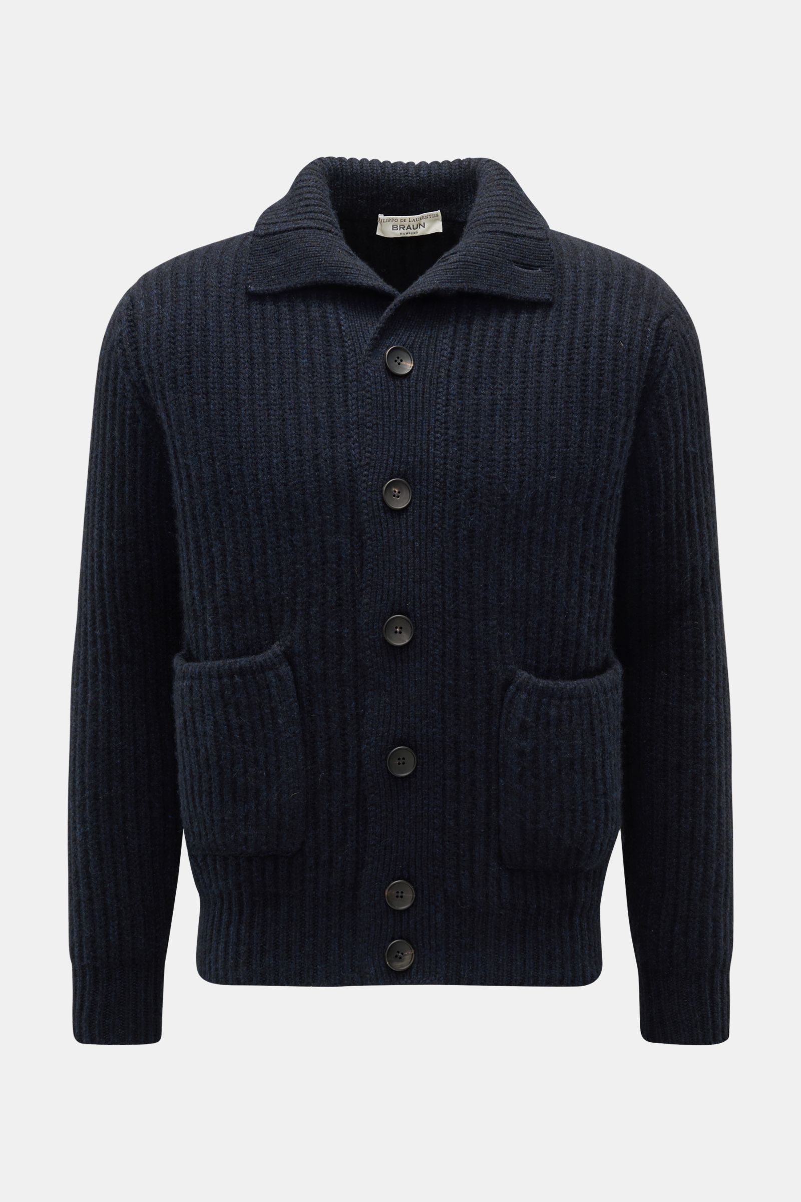 Filippo de Laurentiis Cashmere Cardigan navy, frontal fotografiert, markanter Strick mit Patentmuster, Stehkragen, kragenhohe Knopfleiste, aufgesetzte Taschen, Slim Fit.