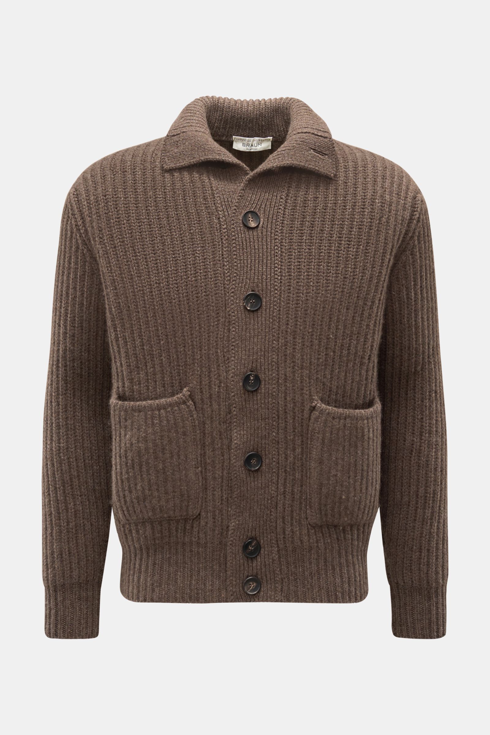 Filippo de Laurentiis Cashmere Cardigan graubraun, frontal fotografiert, mit markantem Patent-Strick, Stehkragen, kragenhoher Knopfleiste, aufgesetzten Taschen, Slim Fit, reiner Cashmere, sehr weicher Griff, voluminöses Strickbild, komfortable Rippbündche