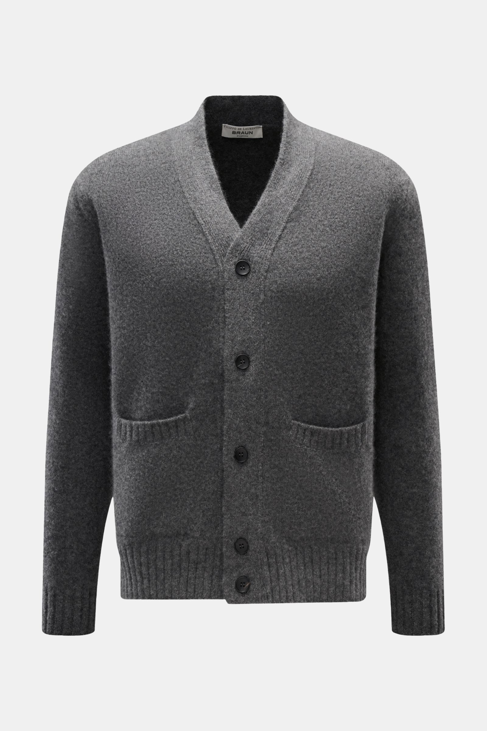 Filippo de Laurentiis Cardigan dunkelgrau meliert, frontal fotografiert, aus weichem Cashmere-Seide-Microfaser-Mix mit Regular Fit, Knopf-Leiste, Hüfttaschen, Rippbündchen.