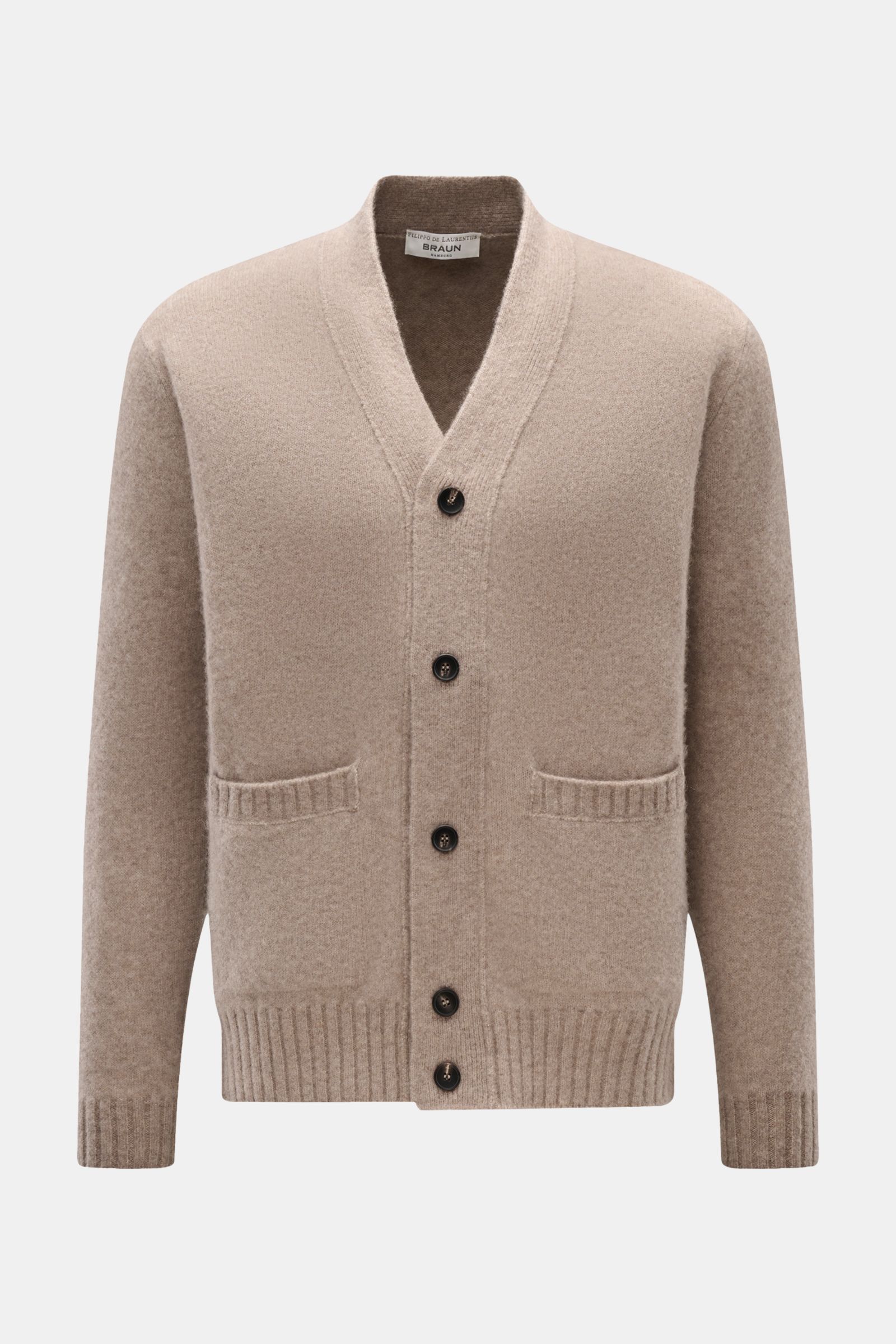 Front view of Filippo de Laurentiis Cardigan beige mottled, a soft, luxurious blend of cashmere, silk and microfibre with five-button placket and patch hip pockets.

Description:  
A soft, luxurious blend of cashmere, silk and high-quality microfibre m
