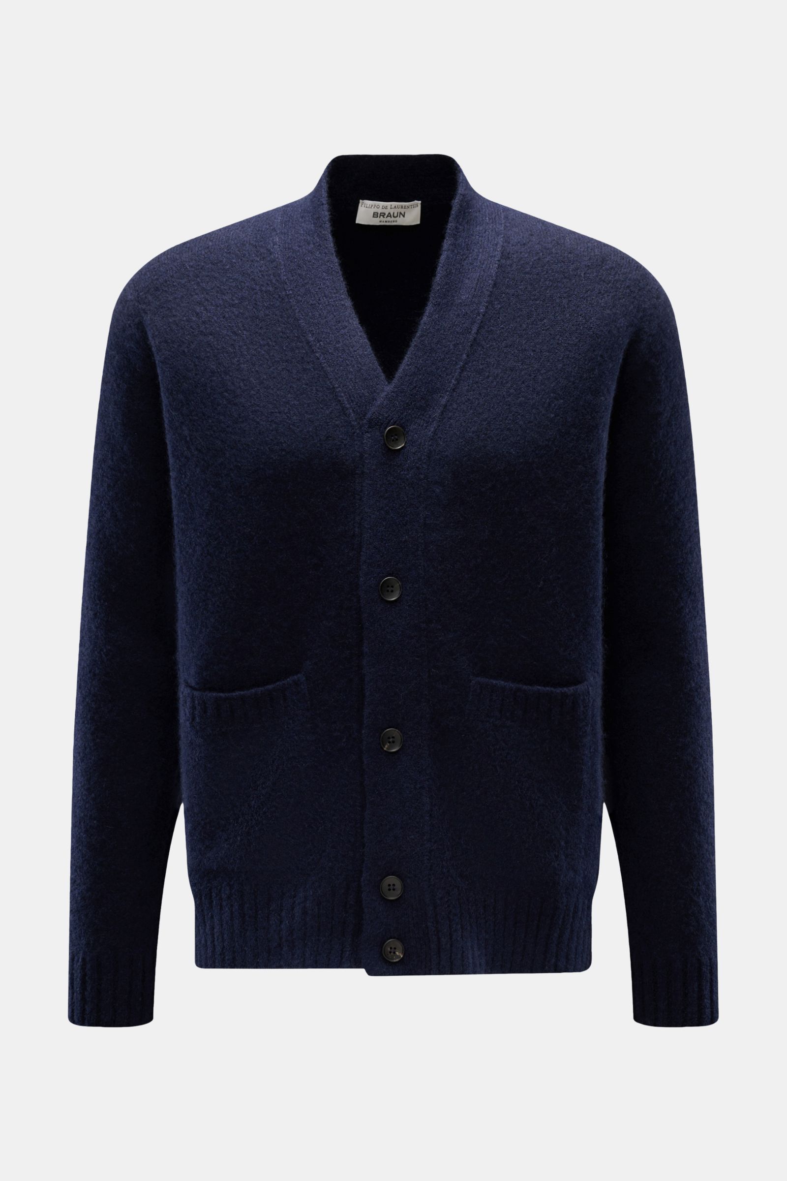 Front view of a navy Filippo de Laurentiis Cardigan made from a soft blend of cashmere, silk, and microfiber, featuring a regular fit, five-button placket, patch hip pockets, elastic ribbed cuffs, and a medium-fine knit texture.