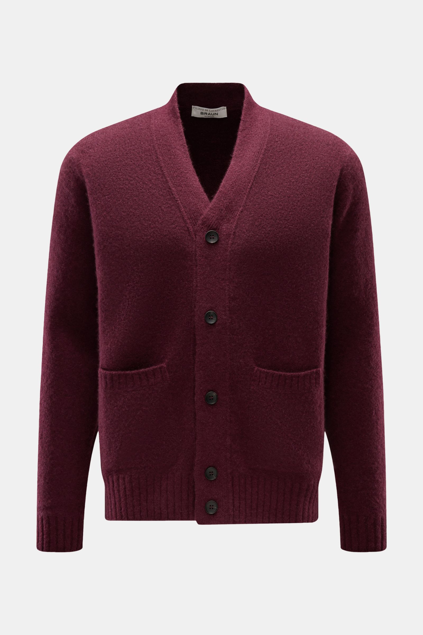 Filippo de Laurentiis Cardigan violett, vorne, regular fit, mittelfeines Strickbild, 5-Knopf-Leiste, aufgesetzte Taschen, weich aus Cashmere, Seide, Microfaser.