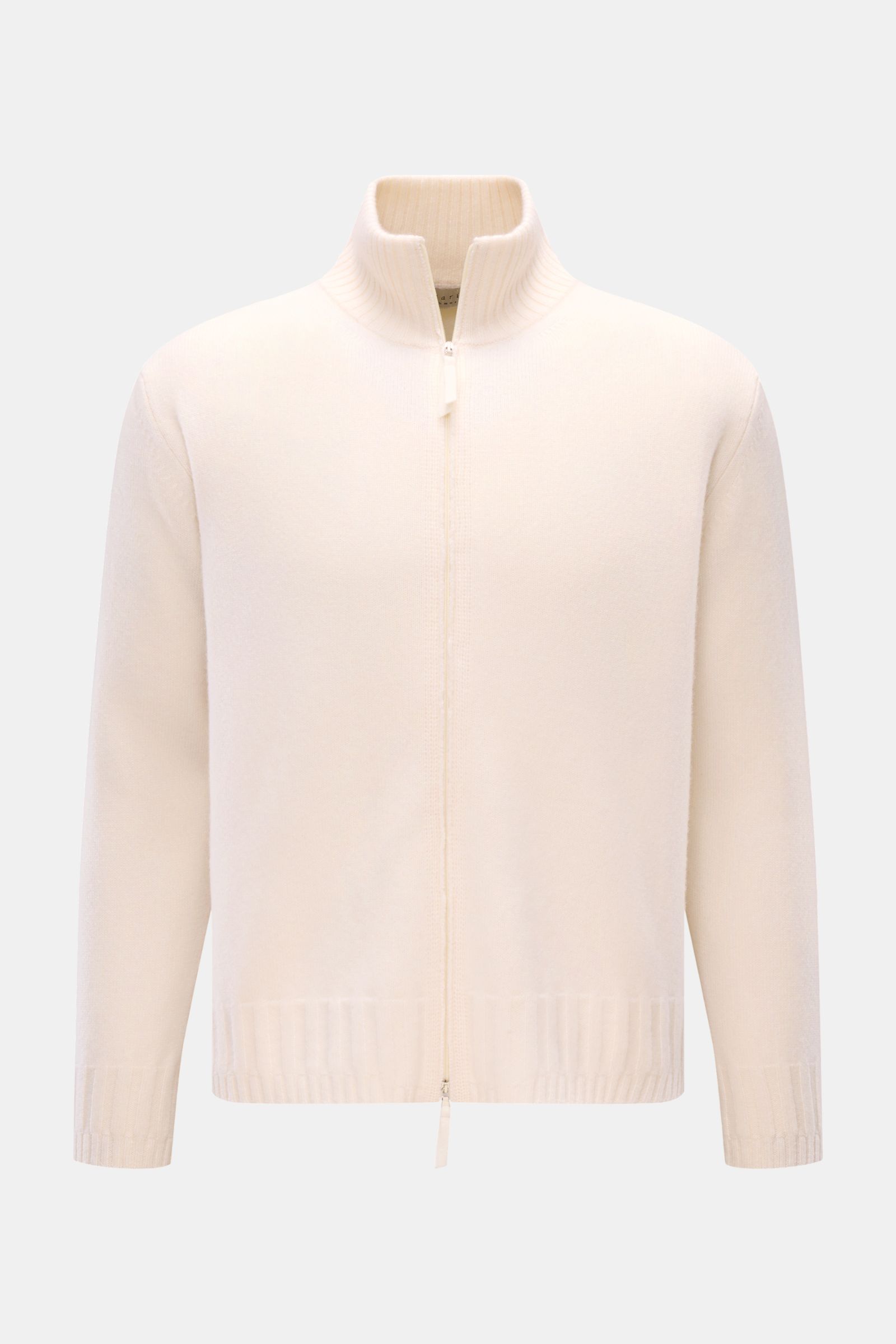 Lunaria Cashmere Cashmere Strickjacke offwhite, frontale Nahaufnahme, Stehkragen, Zwei-Wege-Reißverschluss, weiches Material, Rippbündchen, Regular Fit