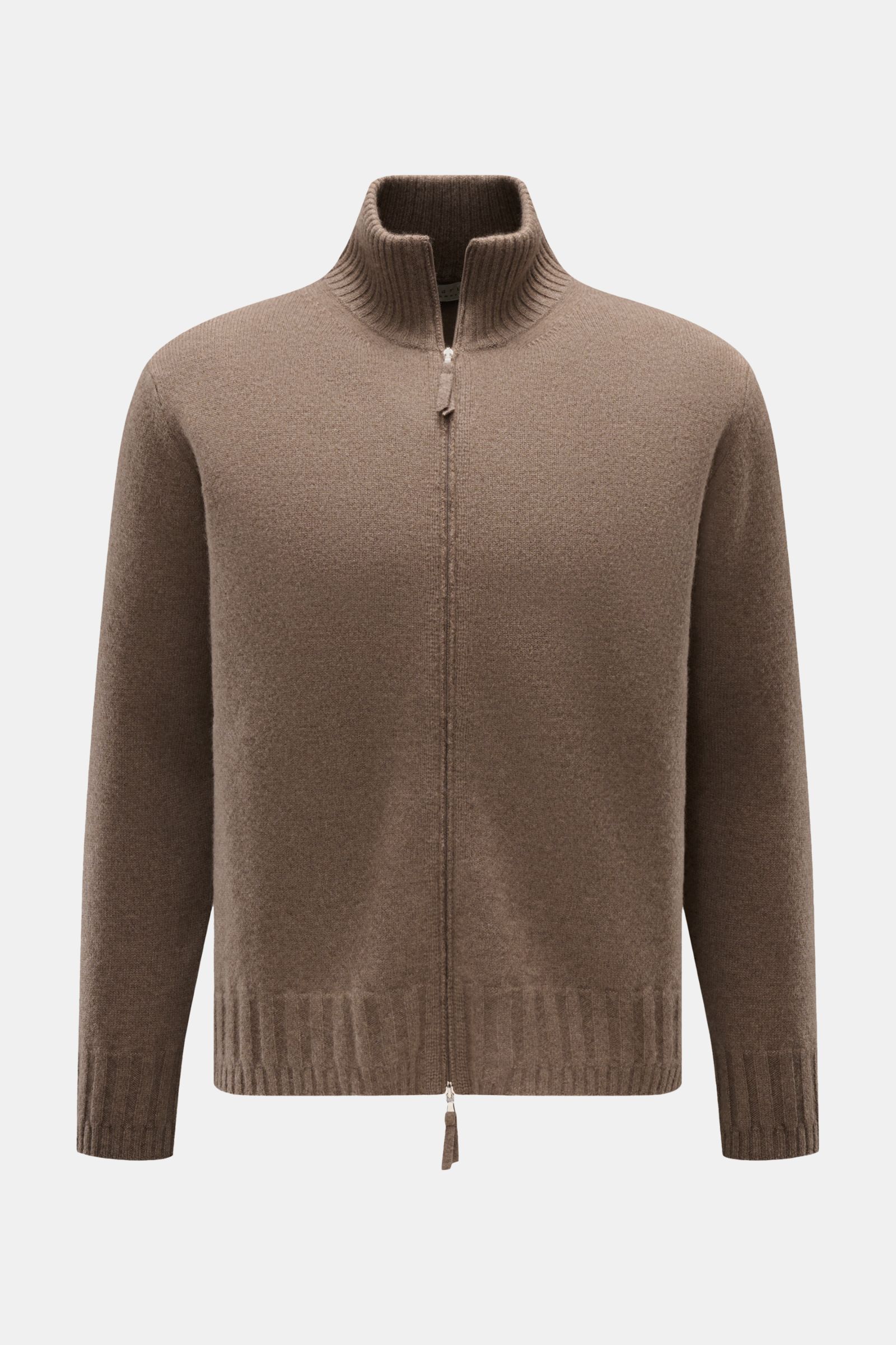 Lunaria Cashmere Cashmere Strickjacke graubraun, Frontansicht, weicher Griff, Rippbündchen, Stehkragen, Zwei-Wege-Reißverschluss, Regular Fit.