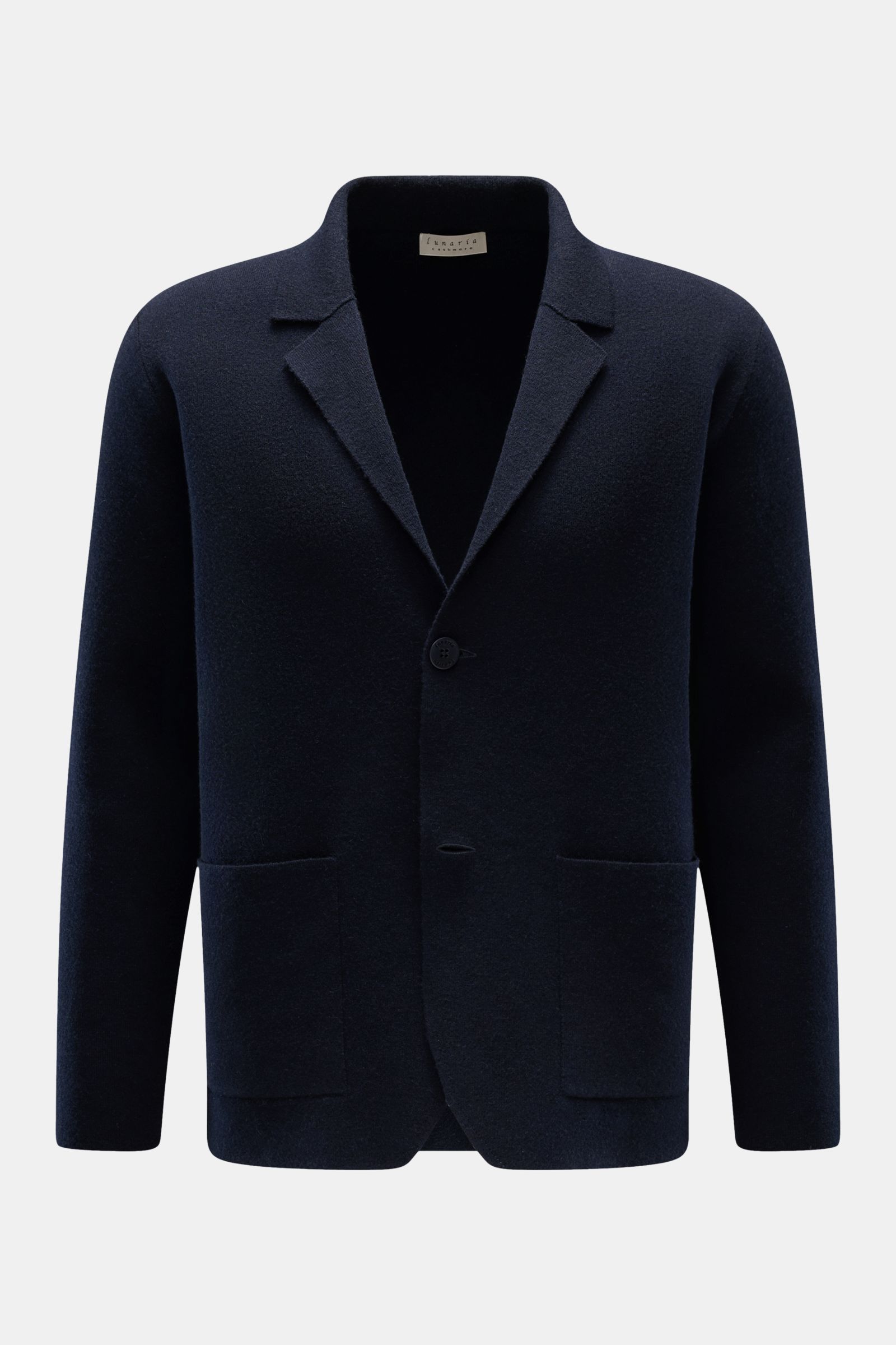 Lunaria Cashmere Cashmere Cardigan navy, frontale Nahaufnahme, Regular Fit mit Reverskragen, Zwei-Knopf-Leiste, aufgesetzten Taschen, weicher Griff, feines Strickbild, reiner Cashmere.