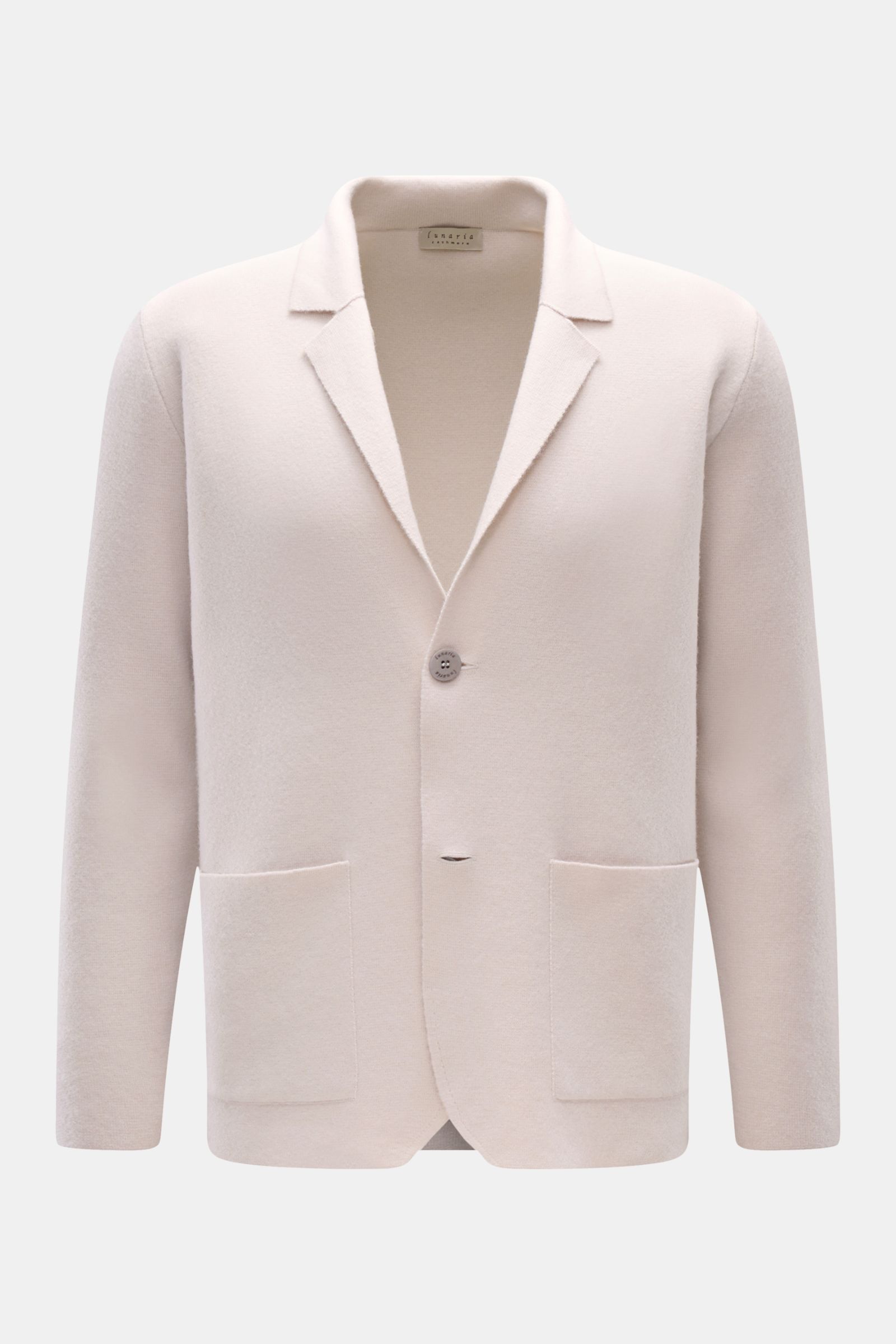 Lunaria Cashmere Cashmere Cardigan sand, frontal fotografiert, softes Cashmere, Reverskragen, Regular Fit, zwei Knöpfe, aufgesetzte Taschen, feines Strickbild