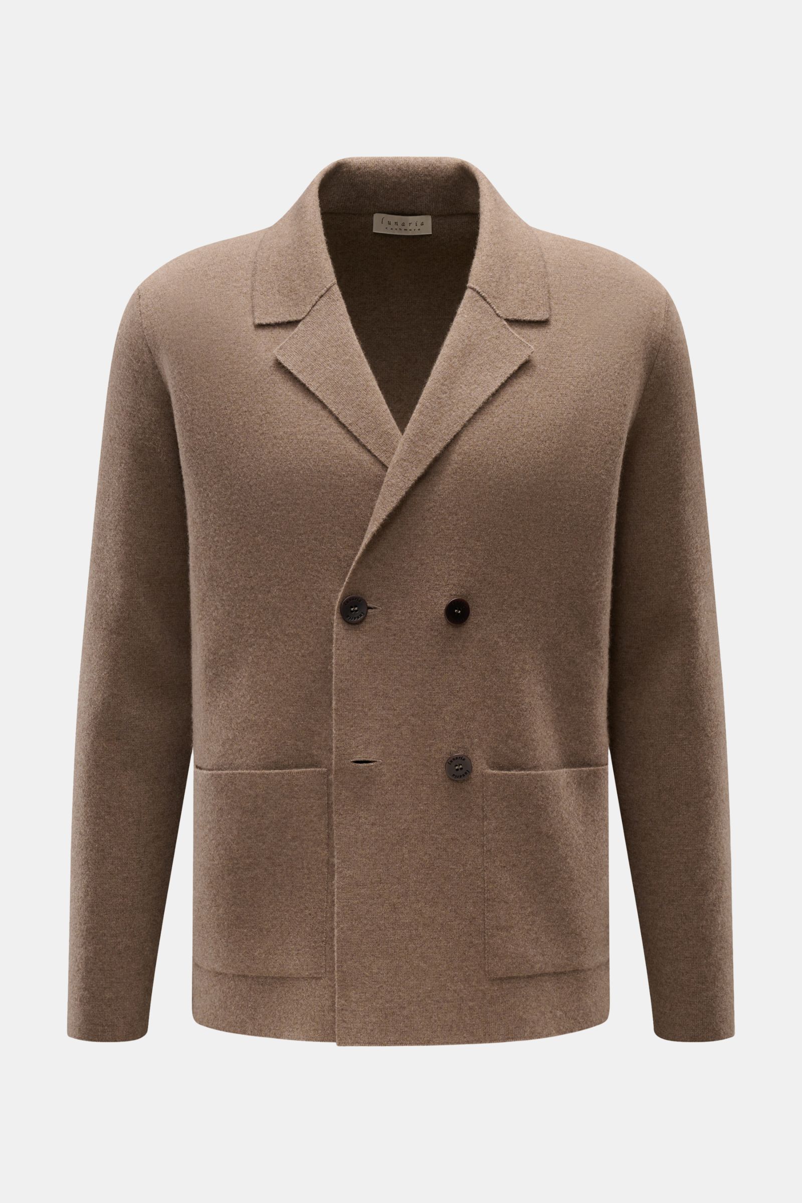 Front view of Lunaria Cashmere Cashmere Cardigan graubraun meliert, a double-breasted cardigan with a lapel collar, patch pockets, and fine pure cashmere knit. Italian finesse for refined looks with a soft touch, regular fit, and modern tailoring charm wi