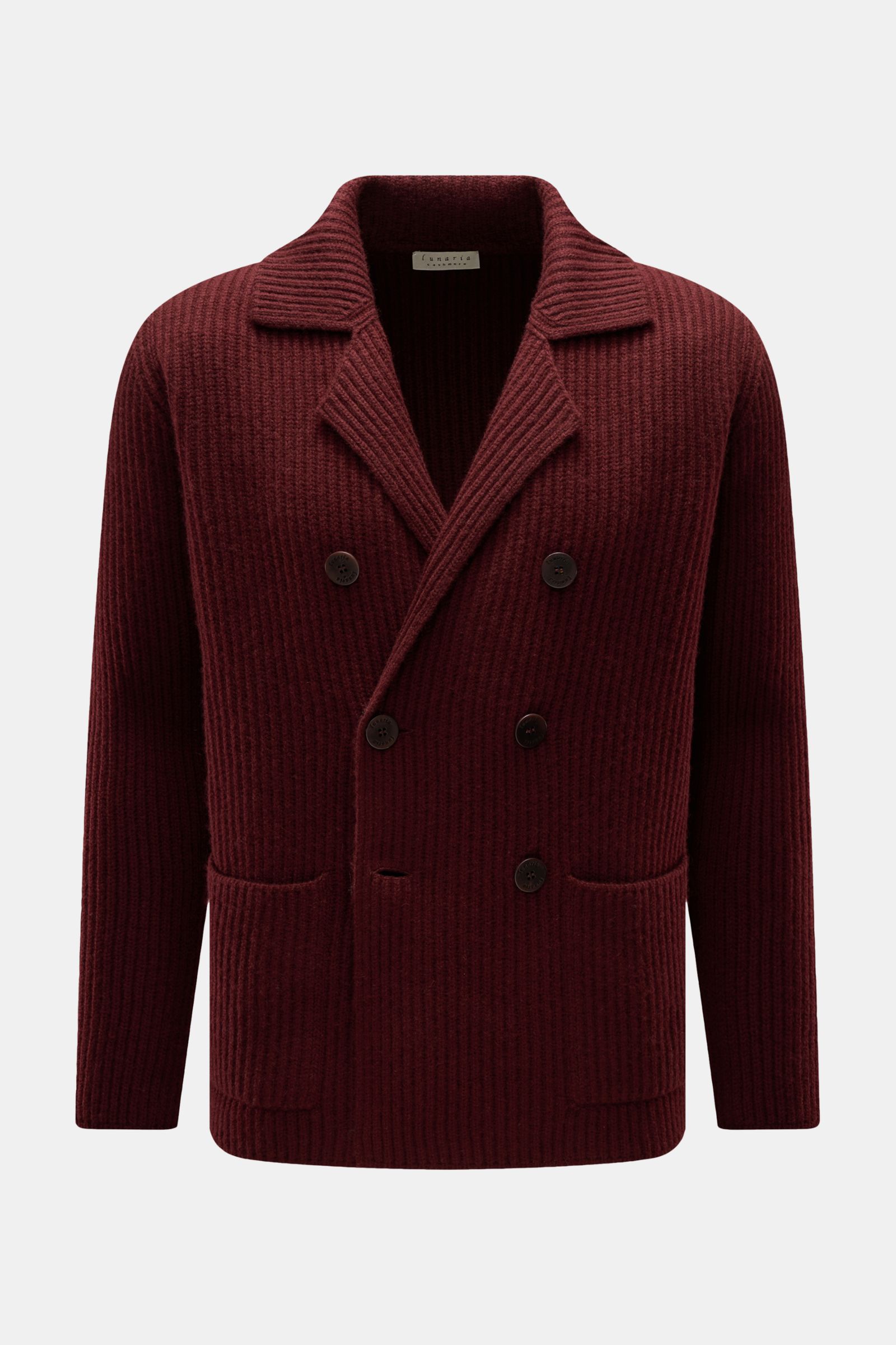Lunaria Cashmere Cashmere Cardigan bordeaux in Frontansicht, zweireihig mit Reverskragen, voluminösem Patent-Strick, Regular Fit, aufgesetzten Taschen, weicher Griff.
