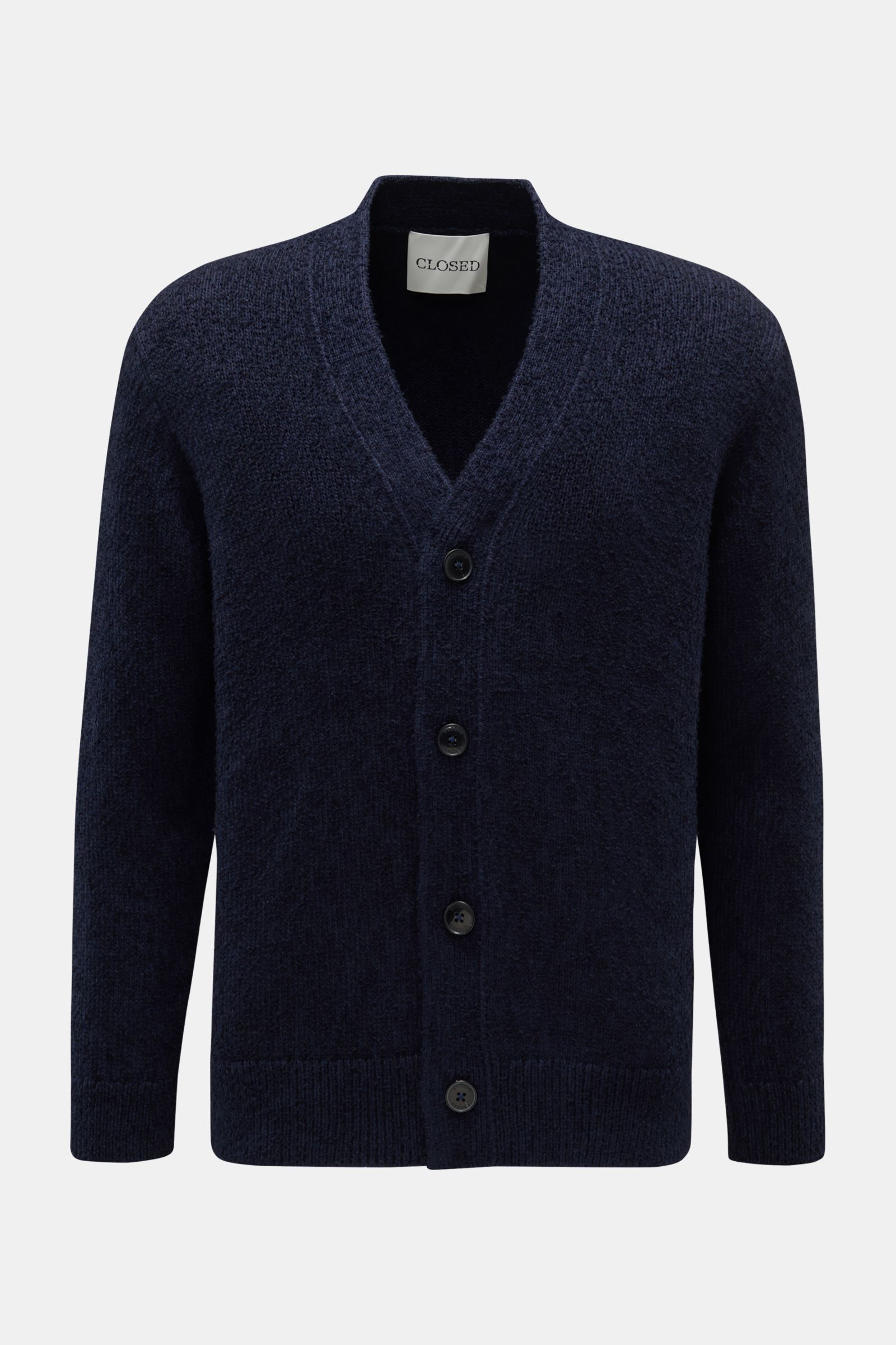 Front view of a Closed Cardigan navy in soft bouclé knit with raglan sleeves, four-button placket, and ribbed cuffs.

Description:
Dieser relaxte Cardigan aus Baumwoll-Mix mit Wolle in Bouclé-Strick vom Hamburger Label CLOSED ist ein lässiger und styli