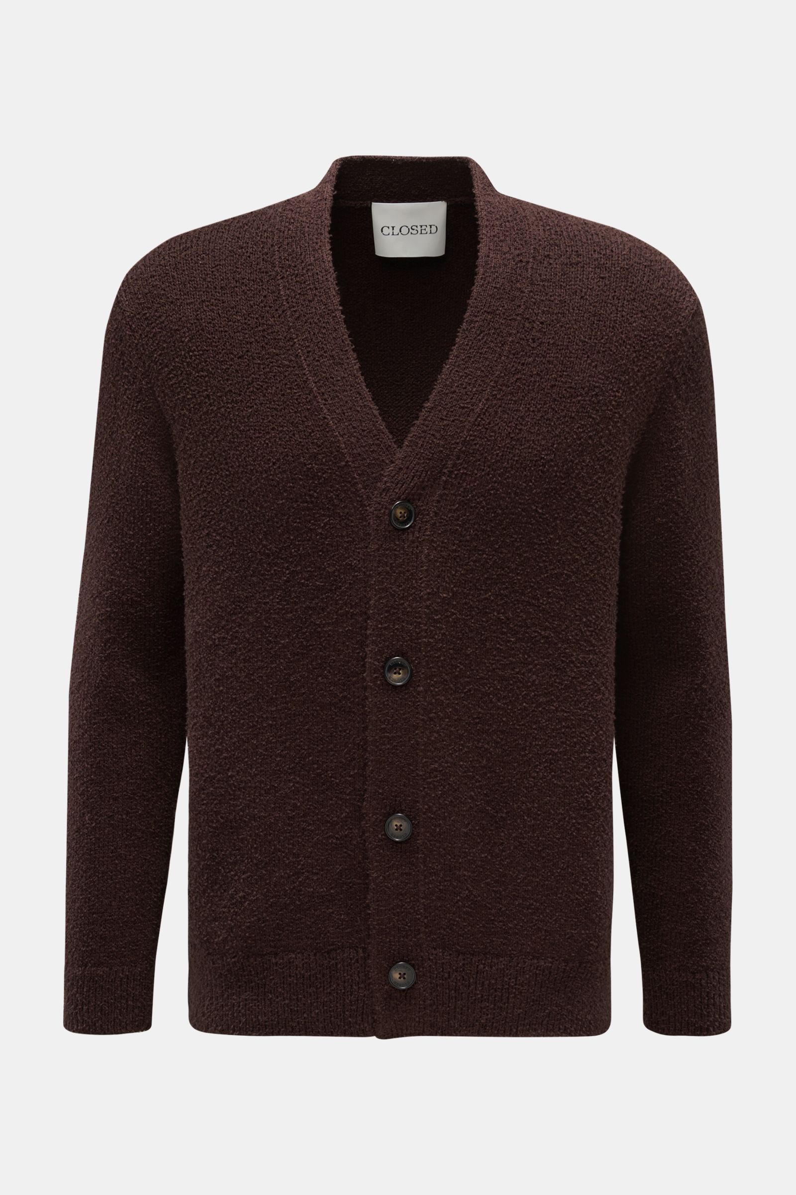 Front view of Closed Cardigan dunkelbraun in dark brown bouclé knit with four-button placket, raglan sleeves, and ribbed cuffs, made of cotton-wool blend.

Description:
Dieser relaxte Cardigan aus Baumwoll-Mix mit Wolle in Bouclé-Strick vom Hamburger L