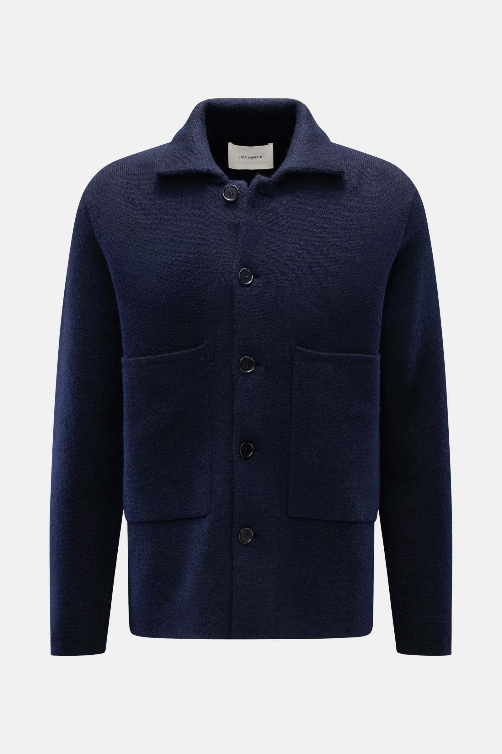 Front view of Lisa Yang Cashmere cardigan 'Louis' navy with slim fit, knitted turn-down collar, five-button placket, large patch hip pockets, and medium-fine knit in heavy, soft pure cashmere fabric.  
  
Scandinavian lines by LISA YANG: The cardigan '