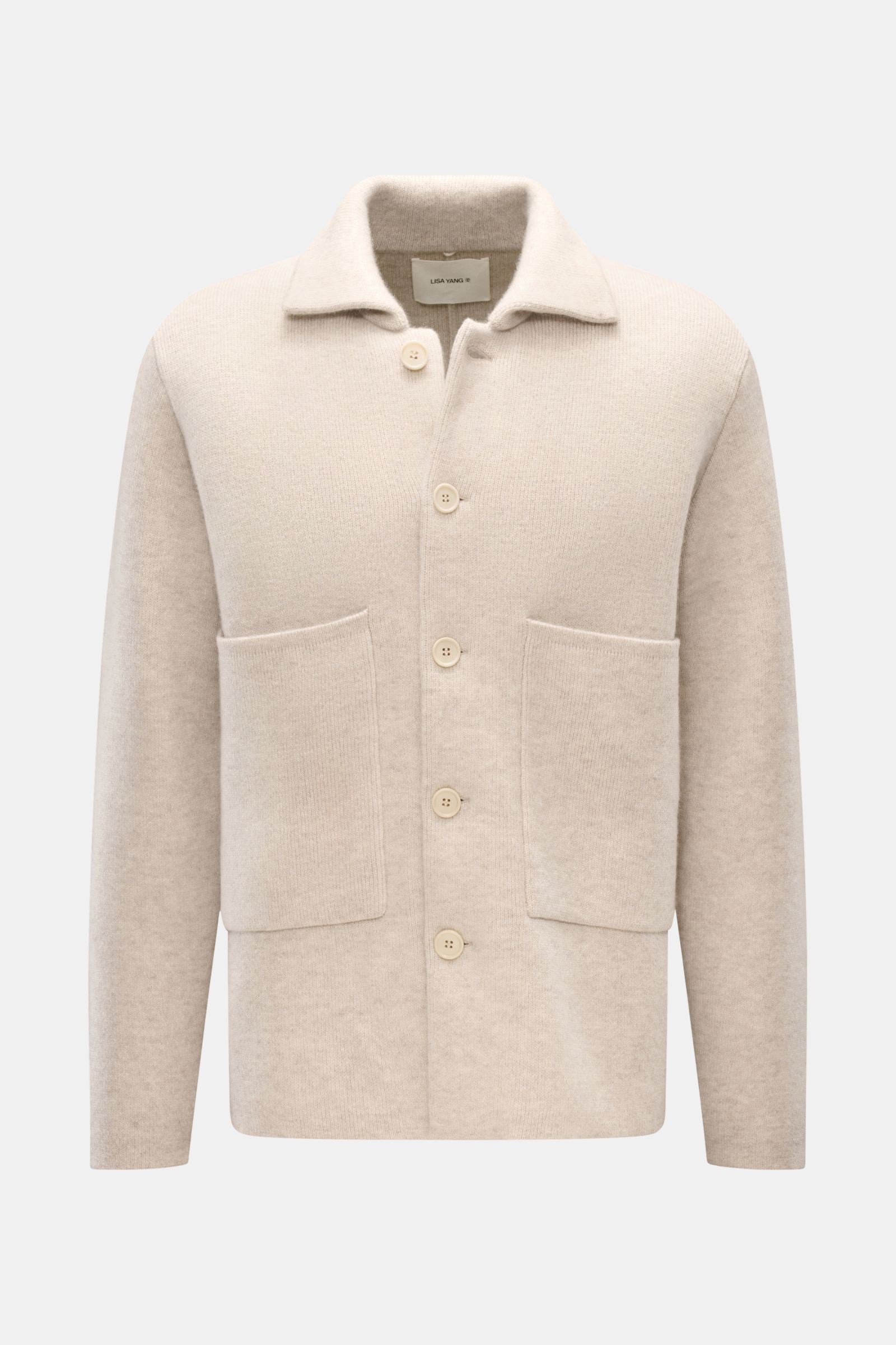 Front view of Lisa Yang Cashmere cardigan 'Louis' sand, showcasing slim fit, knitted turn-down collar, five-button placket, large patch pockets, and medium-fine knit in voluminous, heavy pure cashmere fabric with a very soft feel. 

Scandinavian lines 
