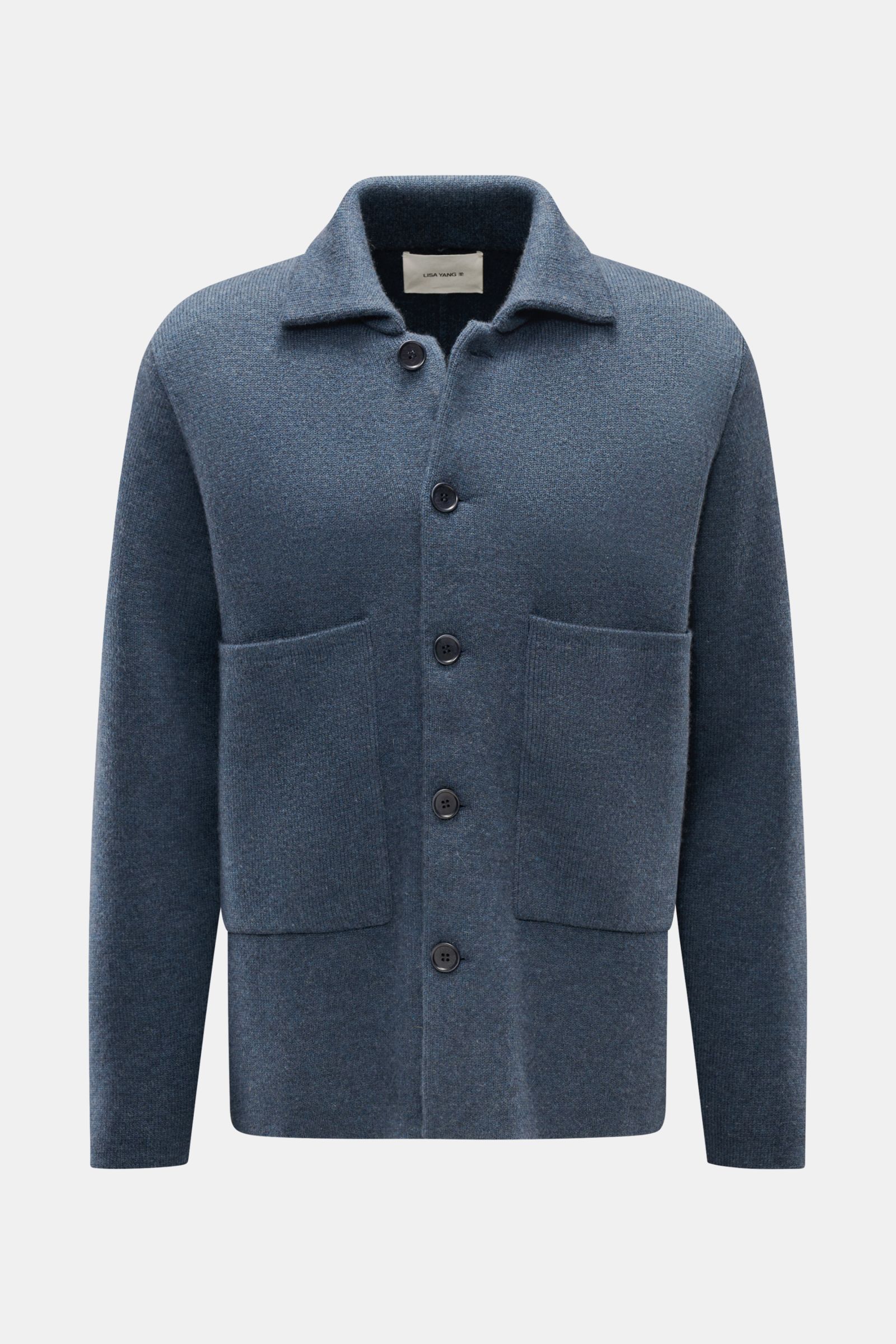 Front view of Lisa Yang Cashmere cardigan 'Louis' grey-blue with knitted turn-down collar, five-button placket, large patch pockets, slim fit, and medium-fine knit. Scandinavian lines by LISA YANG: The cardigan 'Louis' is made of heavy fabric in fine cash