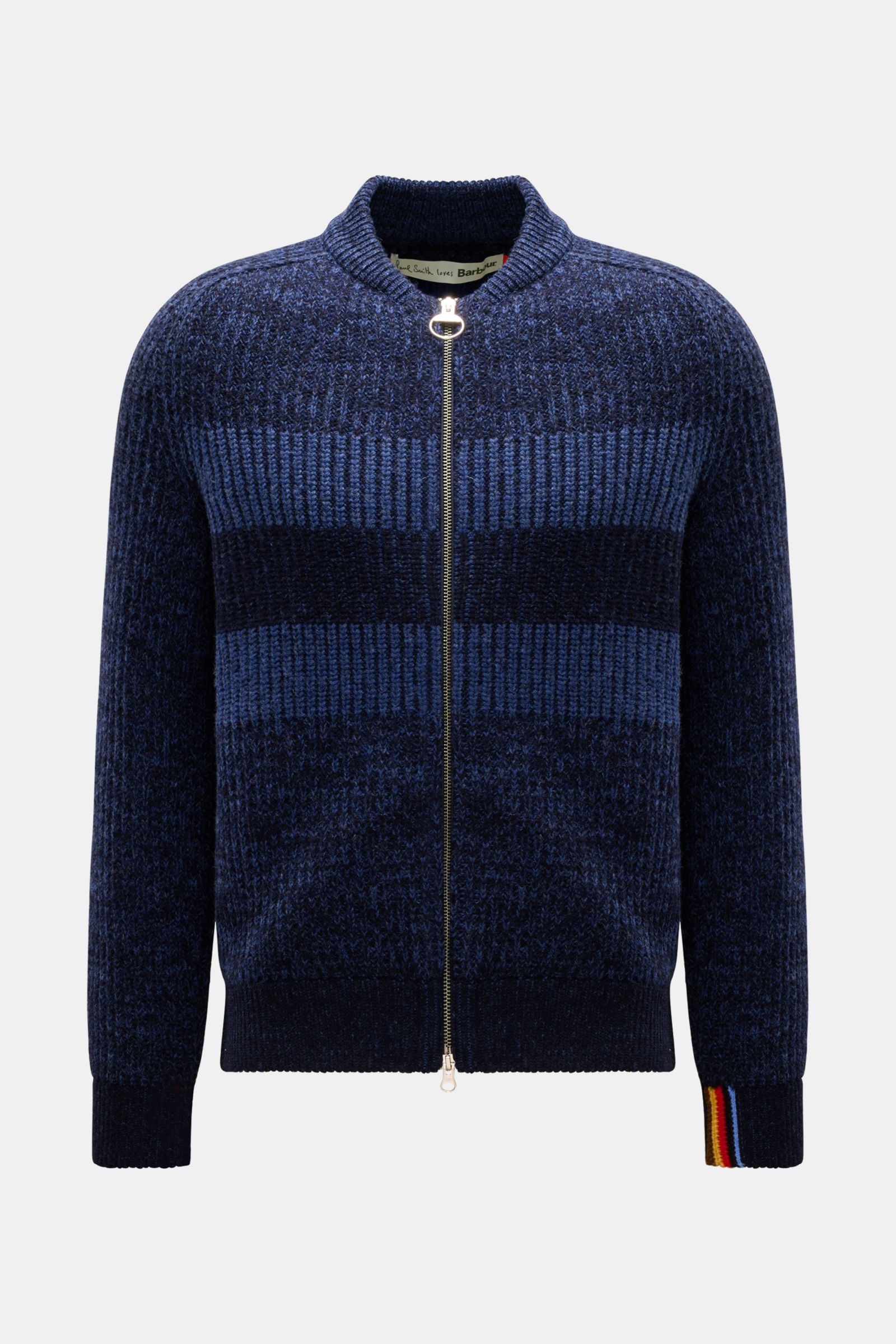 Barbour Strickjacke 'Knit Bomber' blau/navy gestreift, Frontaufnahme, reine Wolle, Patent-Strickmuster, weicher Griff, Regular Fit, Zwei-Wege-Reißverschluss, Eingrifftaschen.