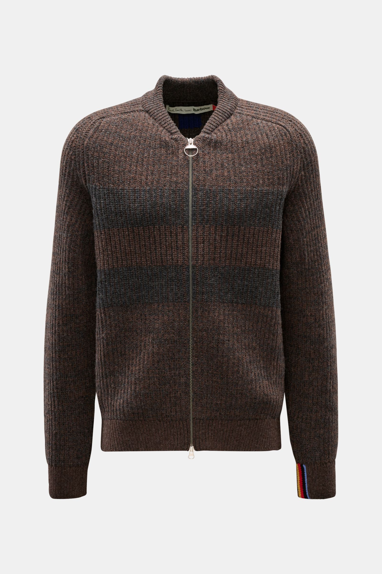 Barbour Strickjacke 'Knit Bomber' dunkelbraun/dunkelgrau gestreift, frontale Ansicht, reine Wolle, weicher Griff, Patent-Strickmuster, Regular Fit, Zwei-Wege-Reißverschluss, Eingrifftaschen.