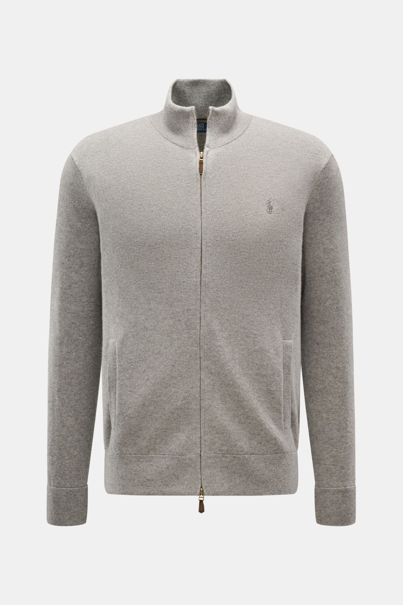 Polo Ralph Lauren Strickjacke grau meliert, frontale Ansicht, reine Wolle, weicher Griff, Stehkragen, Zwei-Wege-Reißverschluss, Regular Fit, schräge Taschen.