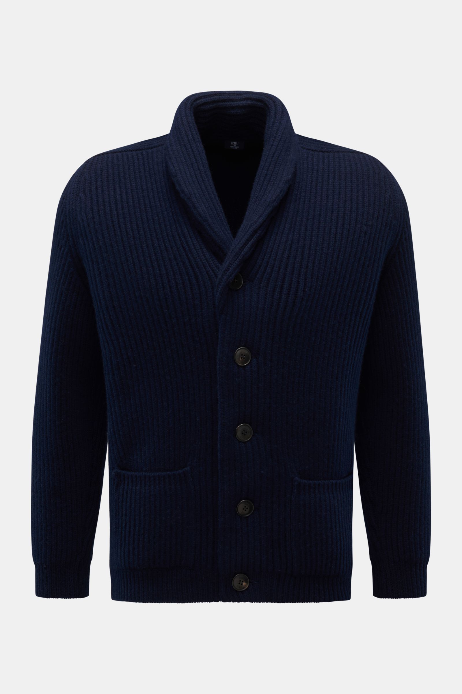 Fedeli Cashmere Cardigan 'Terminillo' navy, Grobstrick, Schalkragen, fünf Hornknöpfe, Hüfttaschen, Rippbündchen, frontal fotografiert, weich.