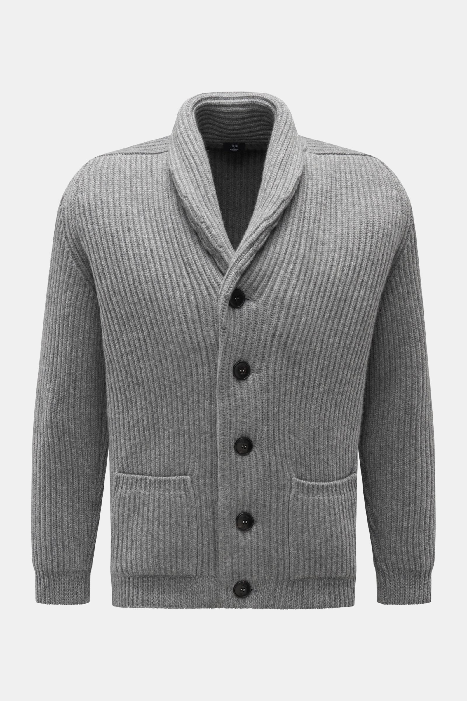 Fedeli Cashmere Cardigan 'Terminillo' grau meliert, frontal fotografiert, Grobstrick, Schalkragen, fünf Hornknöpfe, Hüfttaschen, Rippbündchen, reiner, weicher Cashmere.