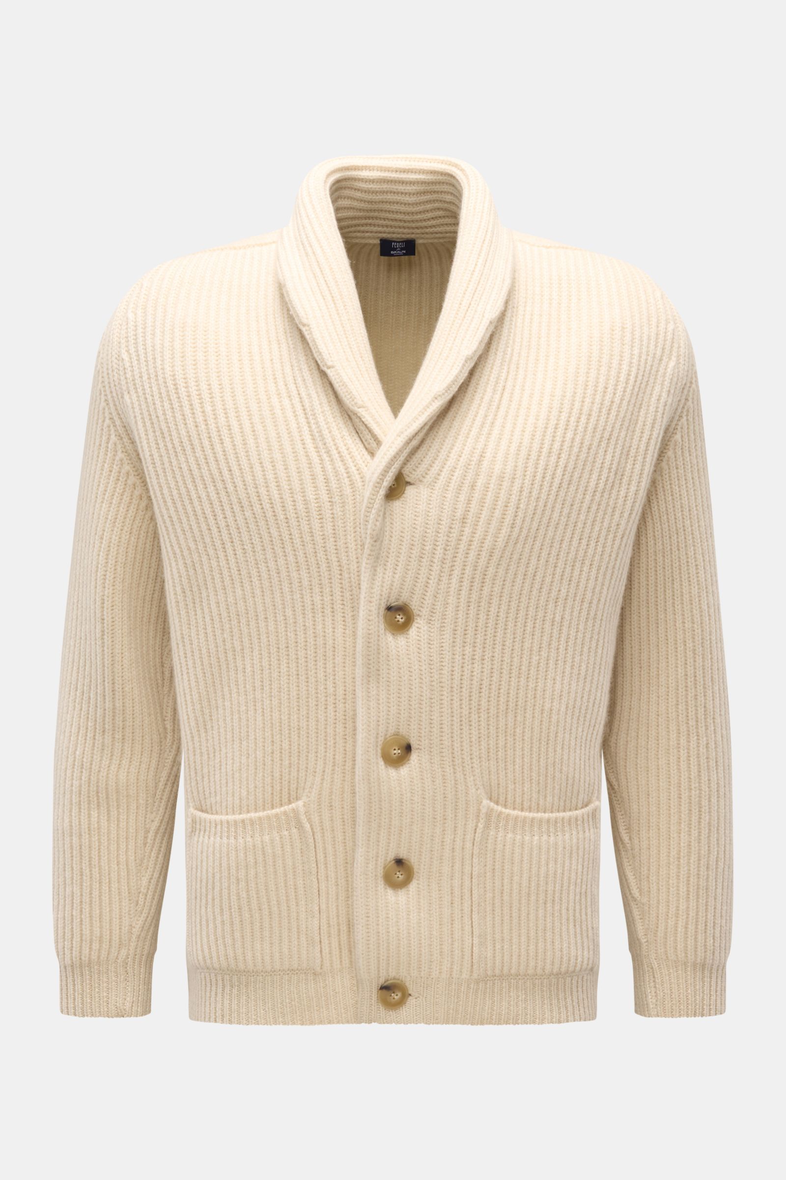 Fedeli Cashmere Cardigan 'Terminillo' creme, grob gestrickt, Schalkragen, fünf Hornknöpfe, Hüfttaschen, Rippbündchen, Frontansicht, Regular Fit.