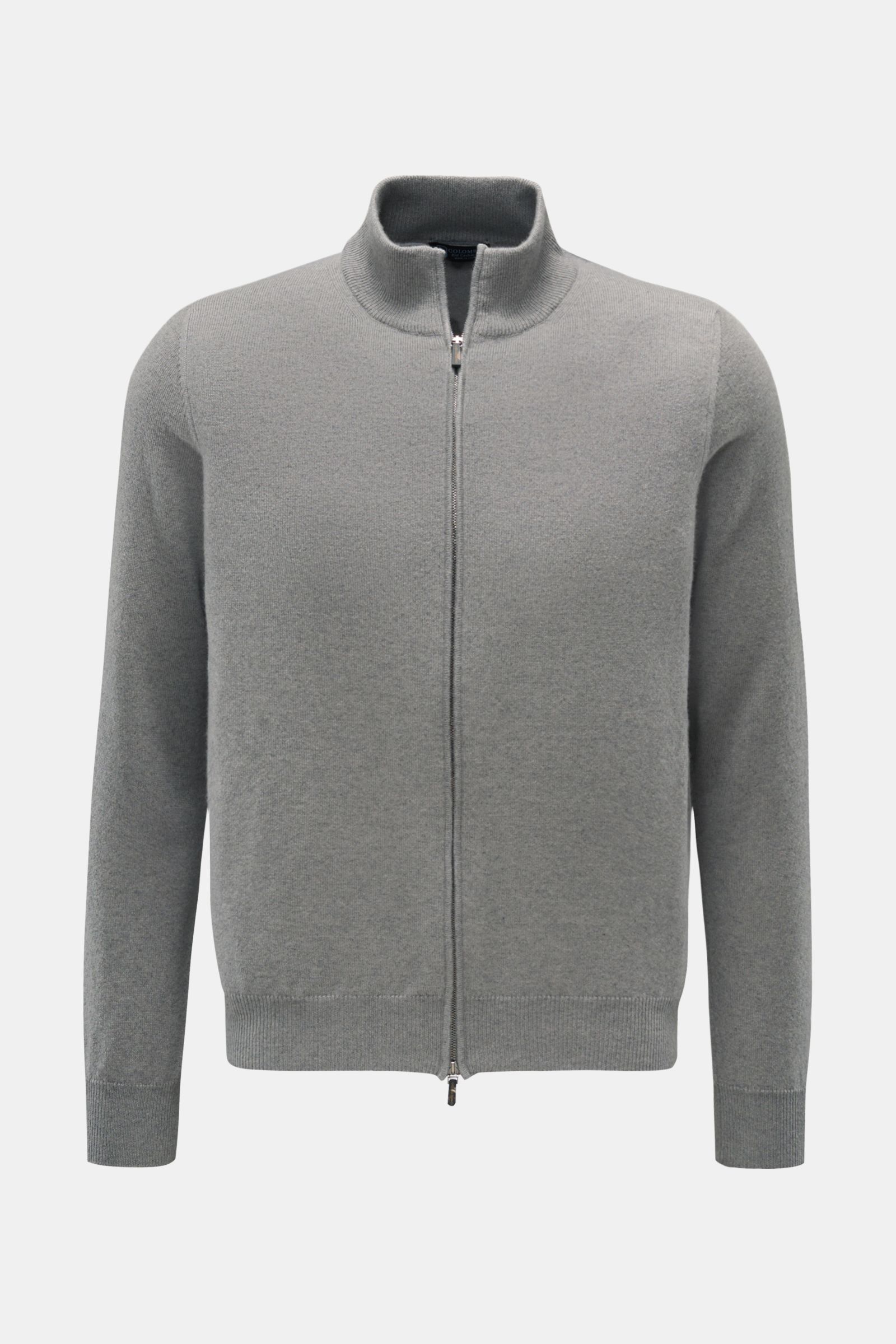 Colombo Cashmere Strickjacke grau, Slim Fit, reiner Kid Cashmere, weicher Griff, feines Strickbild, leichter Stoff, Stehkragen, Zwei-Wege-Reißverschluss mit Horn-Pull-Tabs, flexible Rippbündchen, frontale Perspektive.