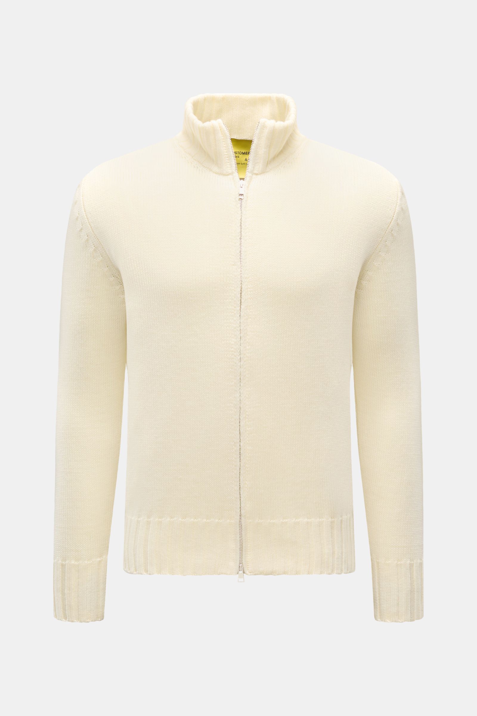 B.F. Knitwear Merino Strickjacke creme, frontale Ansicht, Slim Fit, Stehkragen, Zwei-Wege-Reißverschluss, weiche Merinowolle, mittelgrobes Strickbild, Rippbündchen, wärmender Komfort.