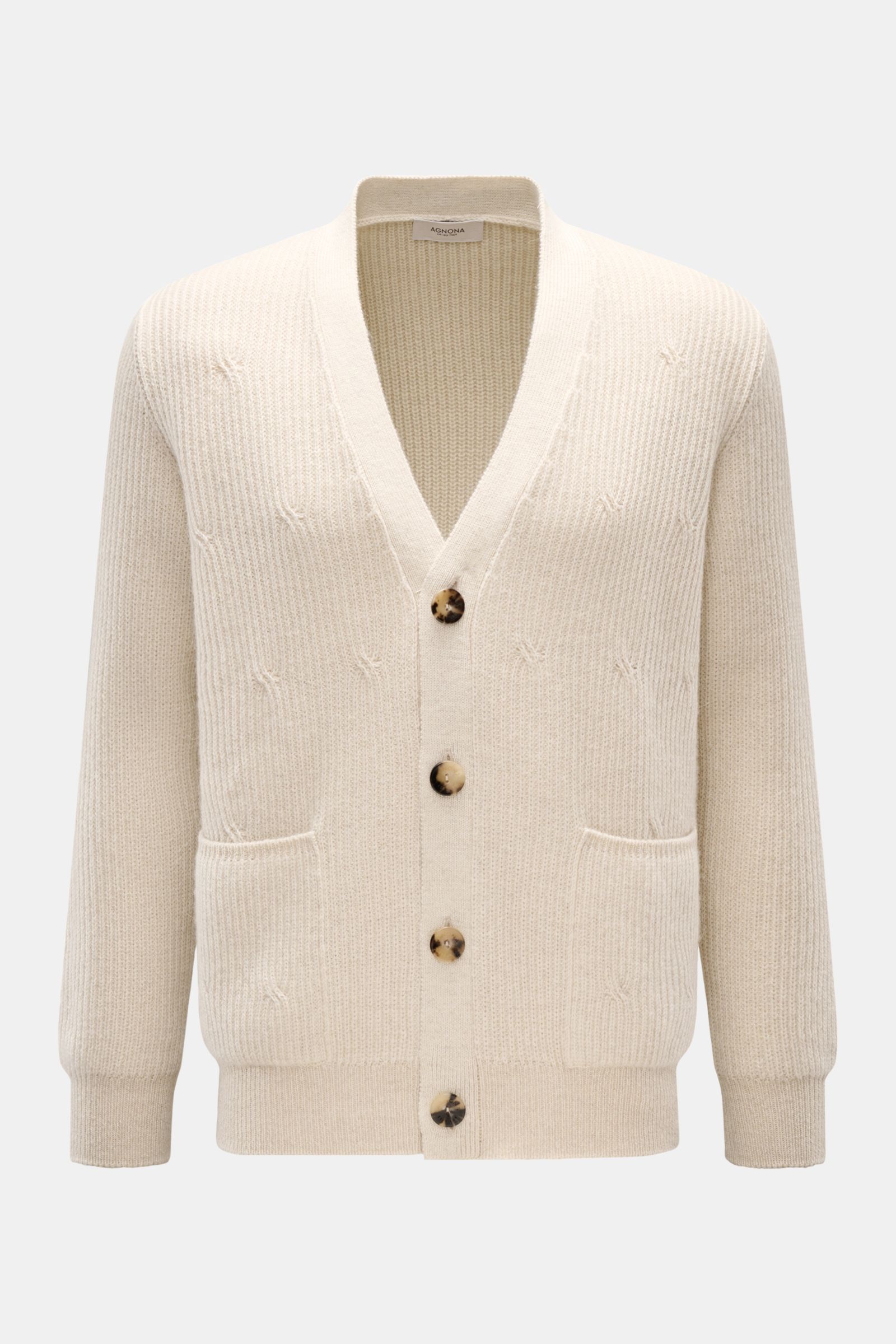 Agnona Cardigan creme, frontal fotografiert, mit weichem Griff, grobem Patent-Strickmuster, Regular Fit, Vier-Knopf-Leiste, Hüfttaschen, Rippbündchen und kleinem Metall-Logo.