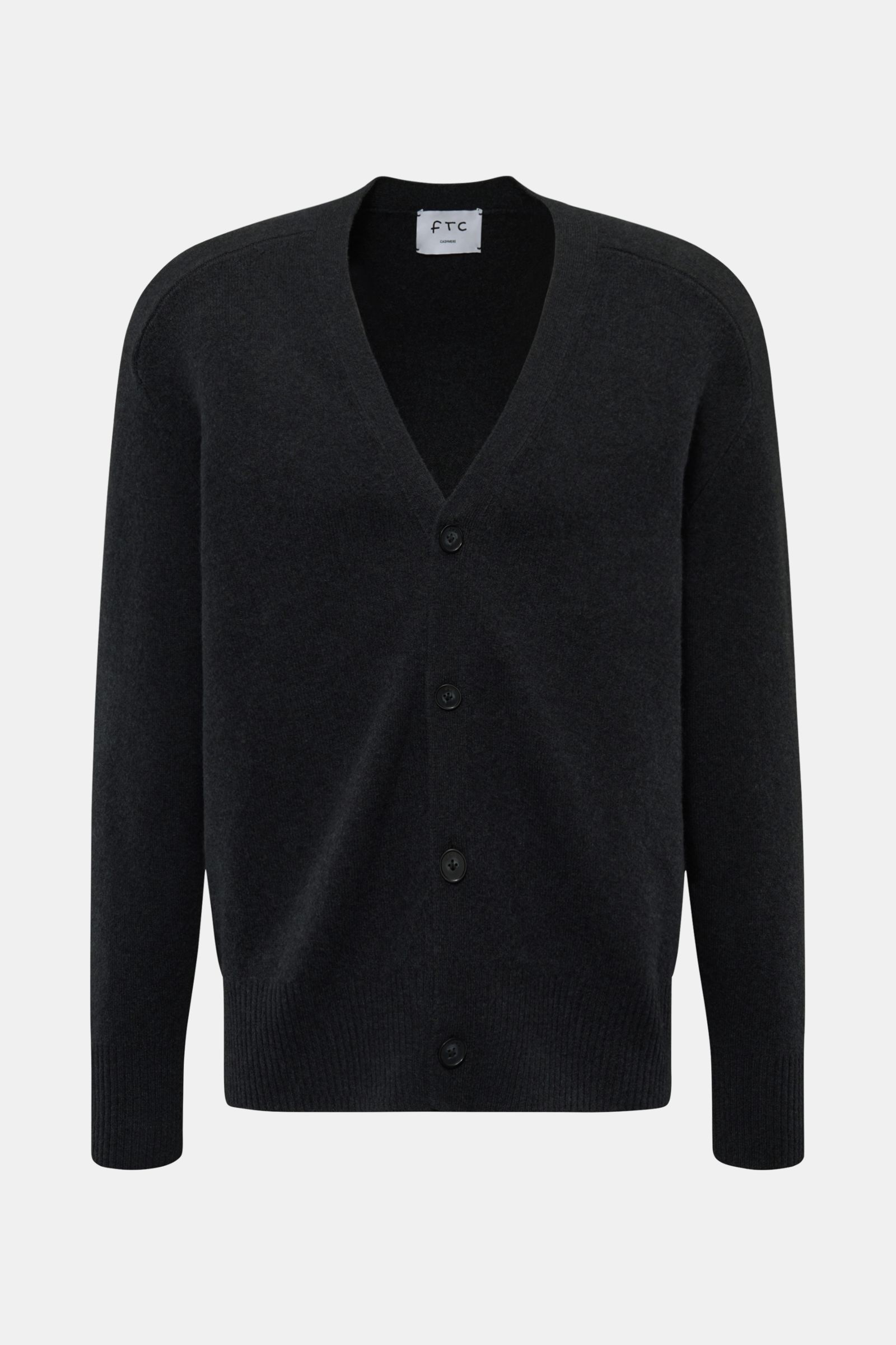 Alt tag (125 characters max): Front view of FTC Cashmere cardigan anthracite, a soft, fair trade cashmere knit with V-neck and four-button placket.

Description:
This luxurious cardigan by eco-friendly knitwear label FTC is a soft knitwear essential in