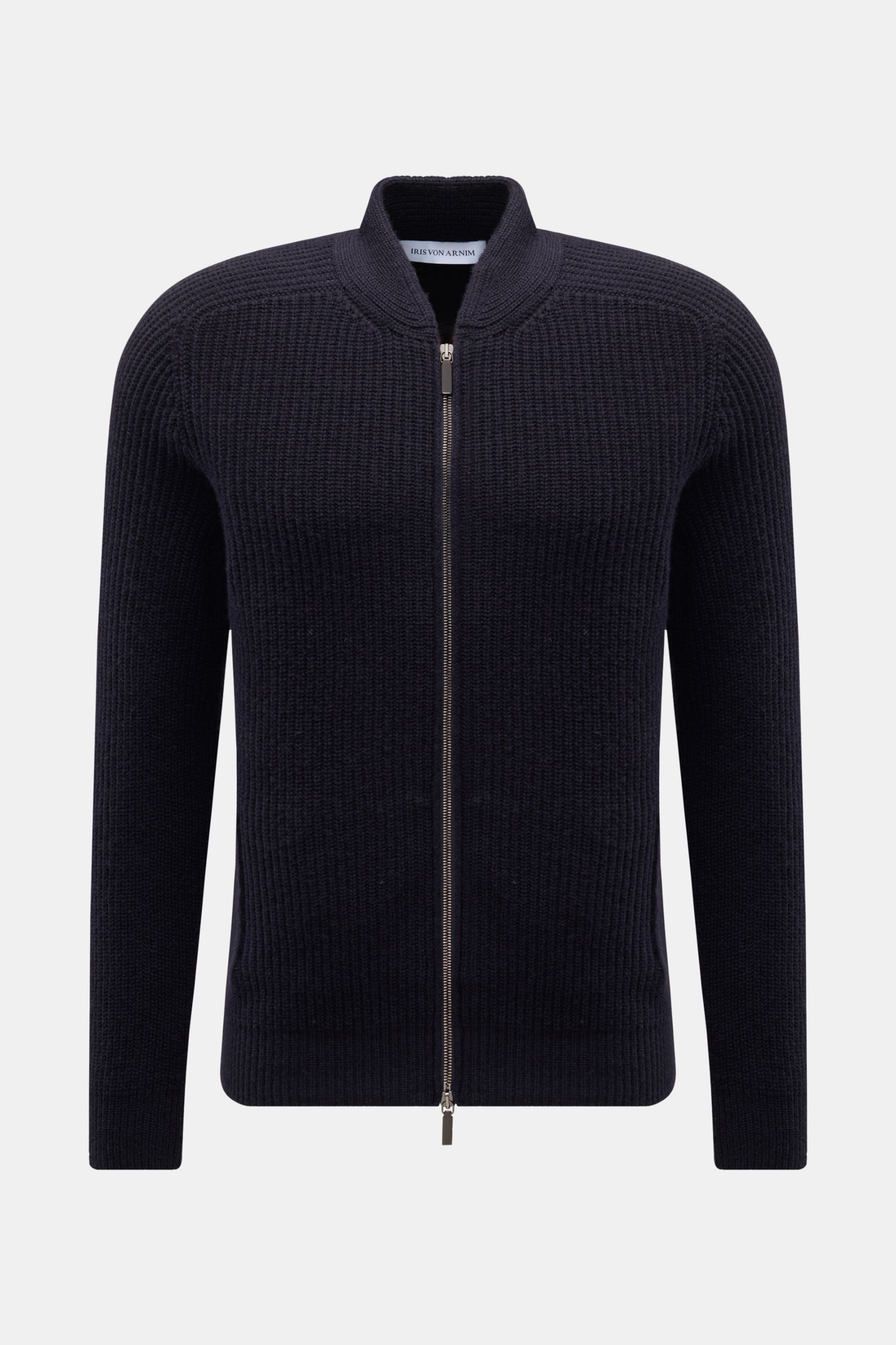 Iris von Arnim Uomo Cashmere Strickjacke 'Curt' navy, frontal mit grobem Rippstrick, Slim Fit, Stehkragen, Zwei-Wege-Reißverschluss, Fronttaschen, Rippbündchen, reiner Cashmere.