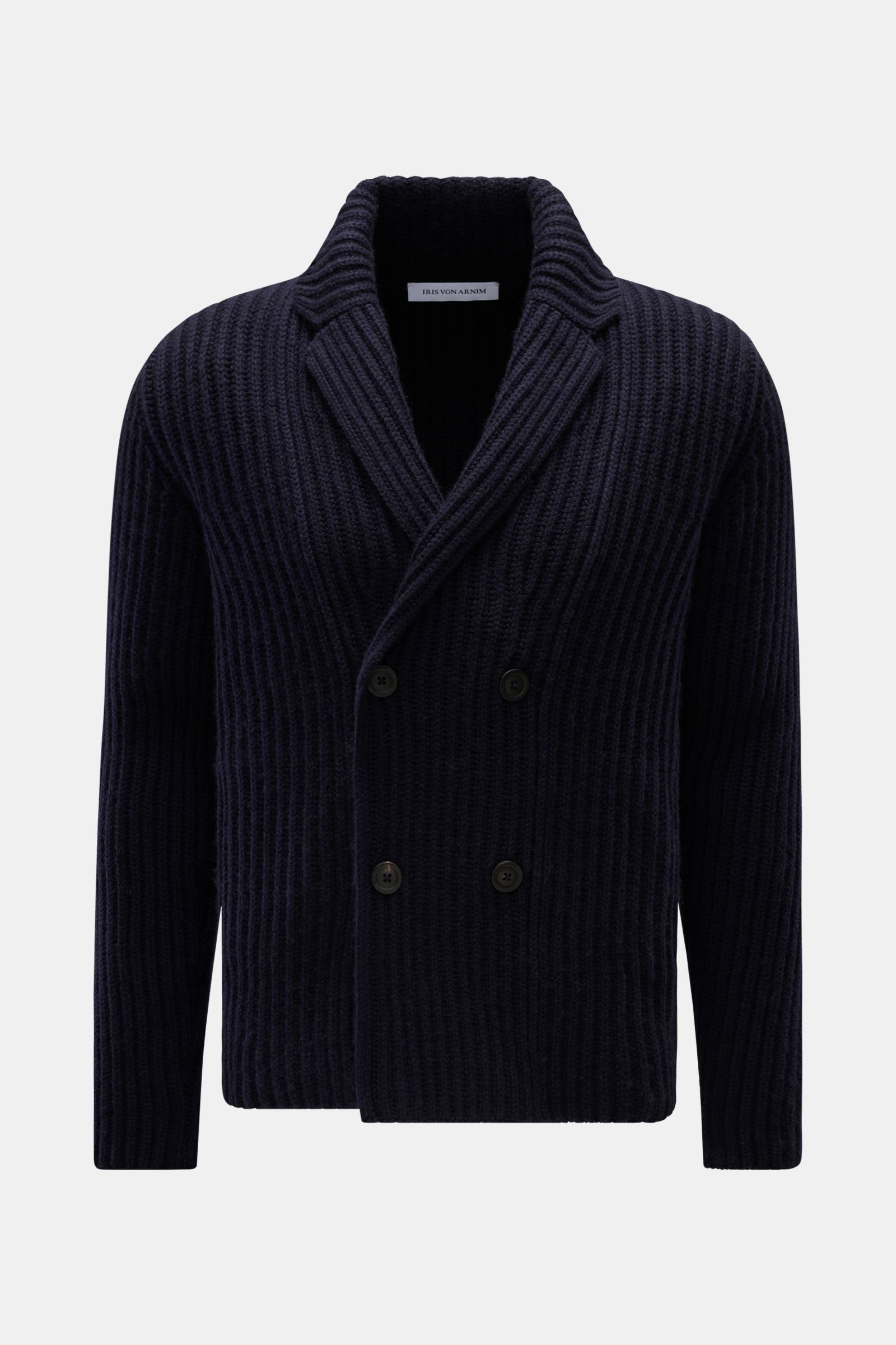 Iris von Arnim Uomo Cashmere Cardigan 'Arvada' navy, frontale Ansicht, voluminöser Patentstrick, Reverskragen, zweireihig geknöpft, slim fit, weicher Griff.