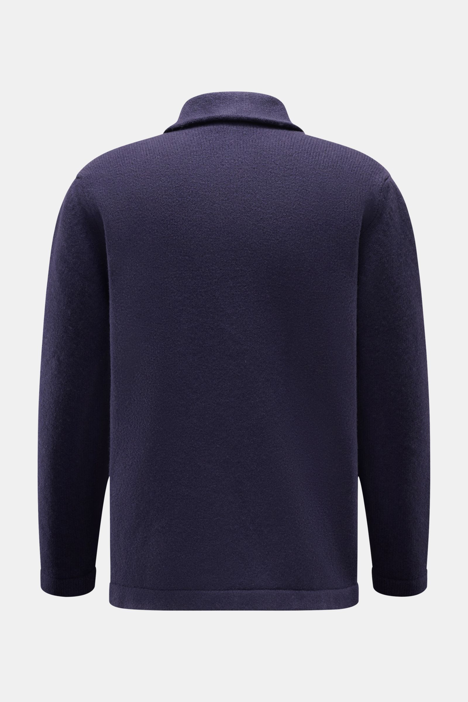 04651/ A trip in a bag Cardigan 'Knit Overjacket' navy Rückansicht, mittelfeiner Strick, Schalkragen, Regular Fit, Woll-Cashmere-Mix, Fronttaschen, glatte Knopfleiste.