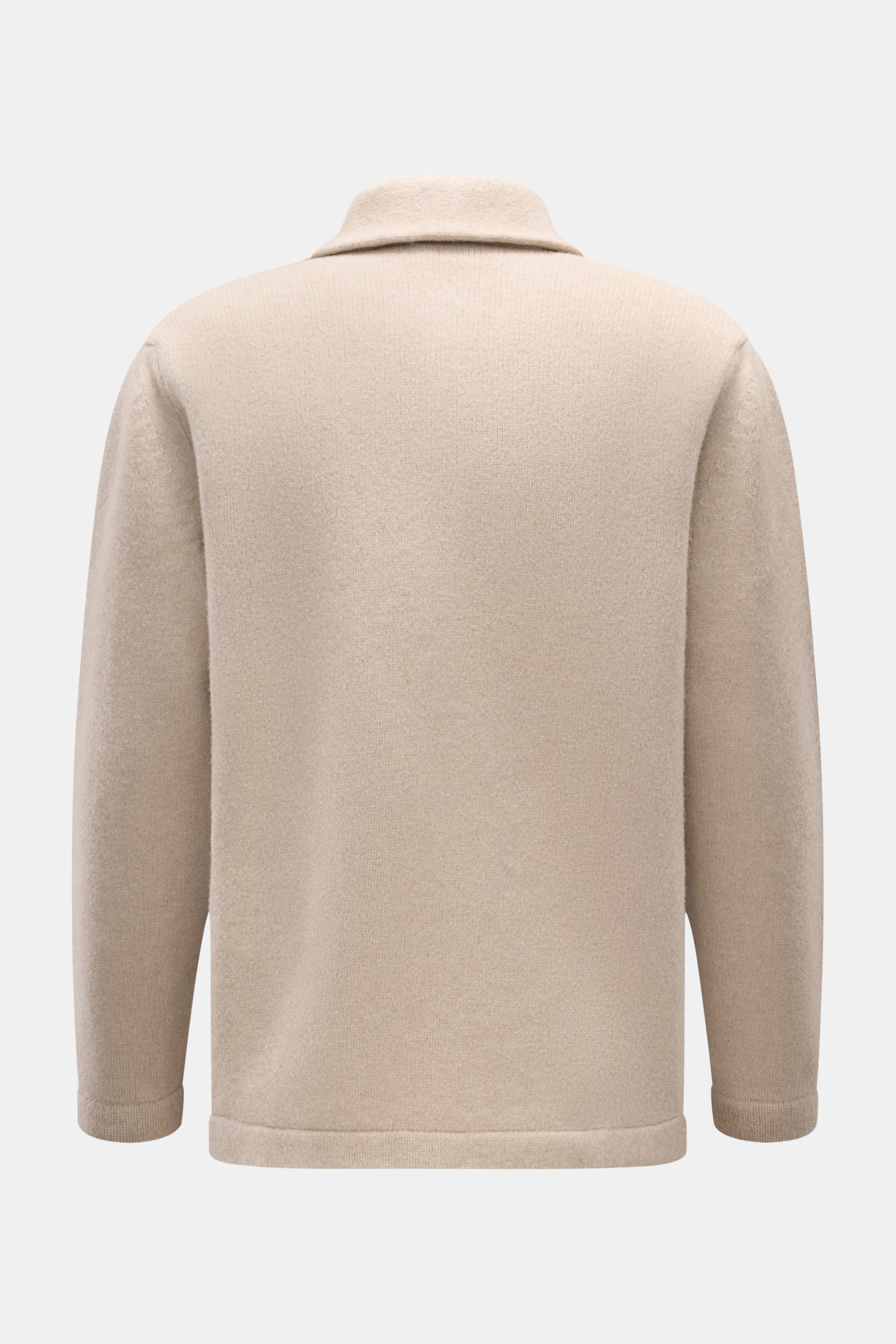 Rückansicht des 04651/ A trip in a bag Cardigan 'Knit Overjacket' beige meliert, mittelfeiner Strick, Schalkragen, Fronttaschen, Regular Fit.