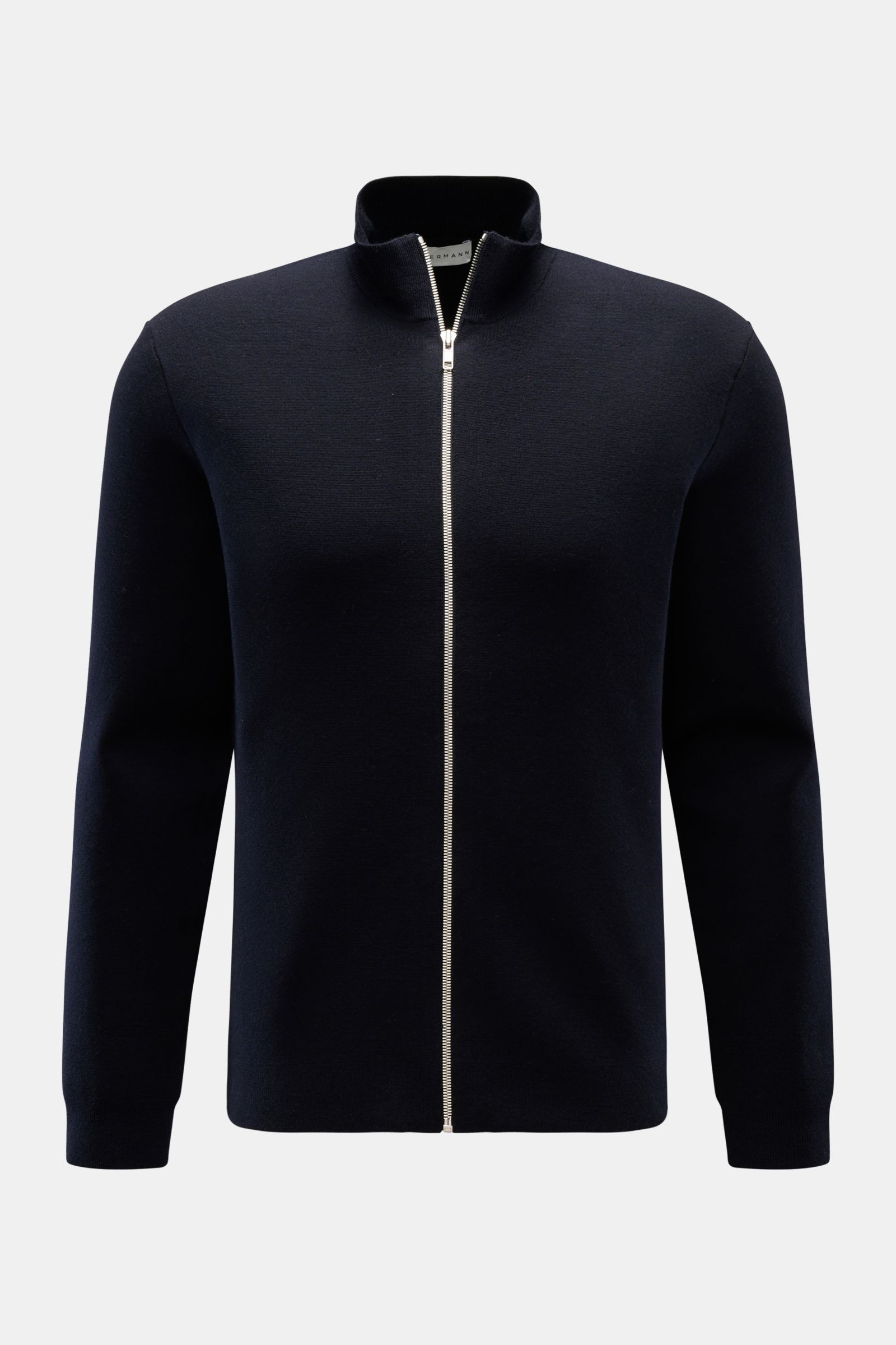 Kiefermann Merino Strickjacke 'Dimitri' dark navy, Frontansicht, Slim Fit Blouson mit Reißverschluss, Stehkragen, reiner Merinowolle, weicher Griff, feines Strickbild, flexible Rippbündchen.