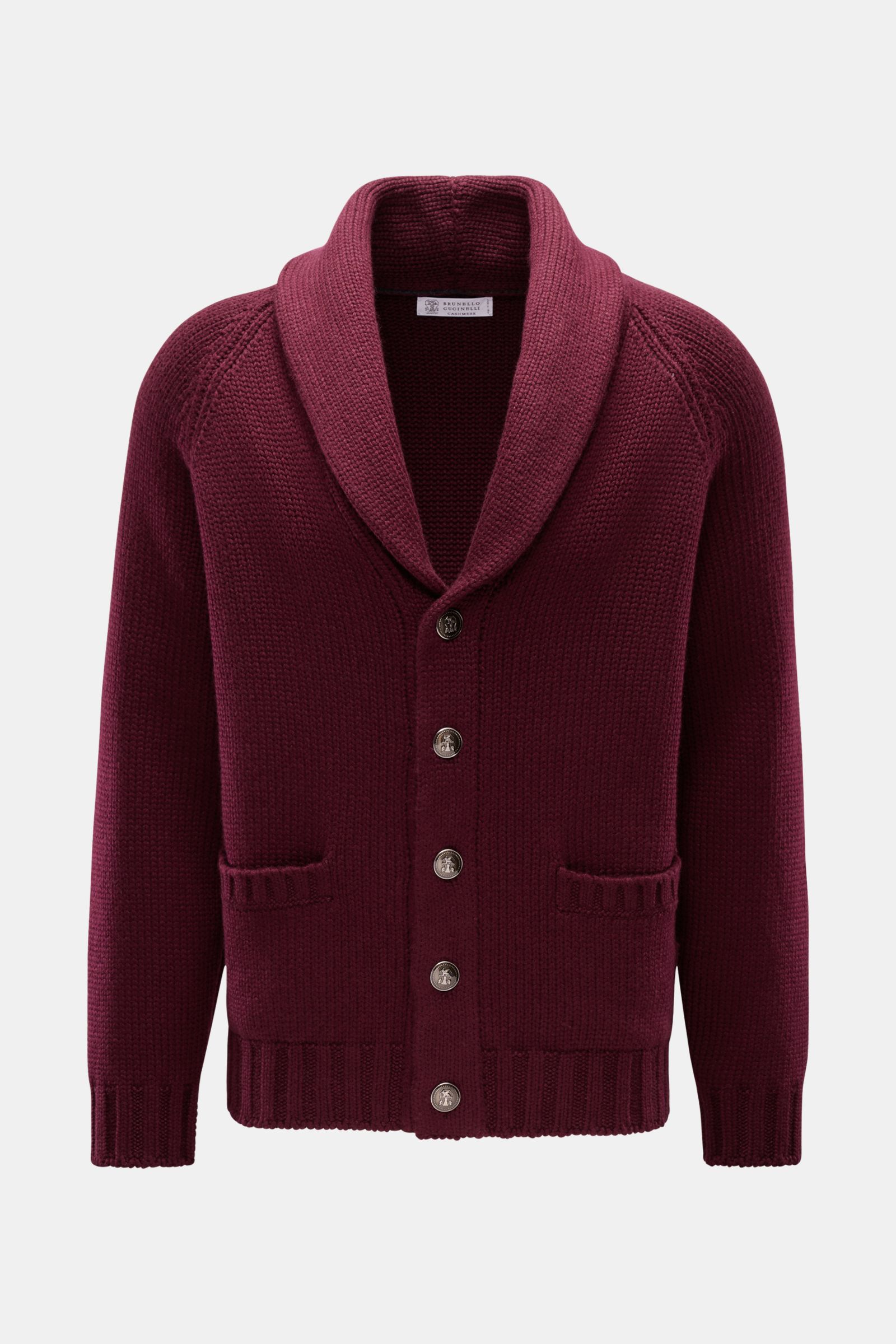 Brustansicht des Brunello Cucinelli Cashmere Cardigan bordeaux mit Schalkragen, glatter Knopfleiste, Oversized Fit und weichem, mittelgroben Strick.