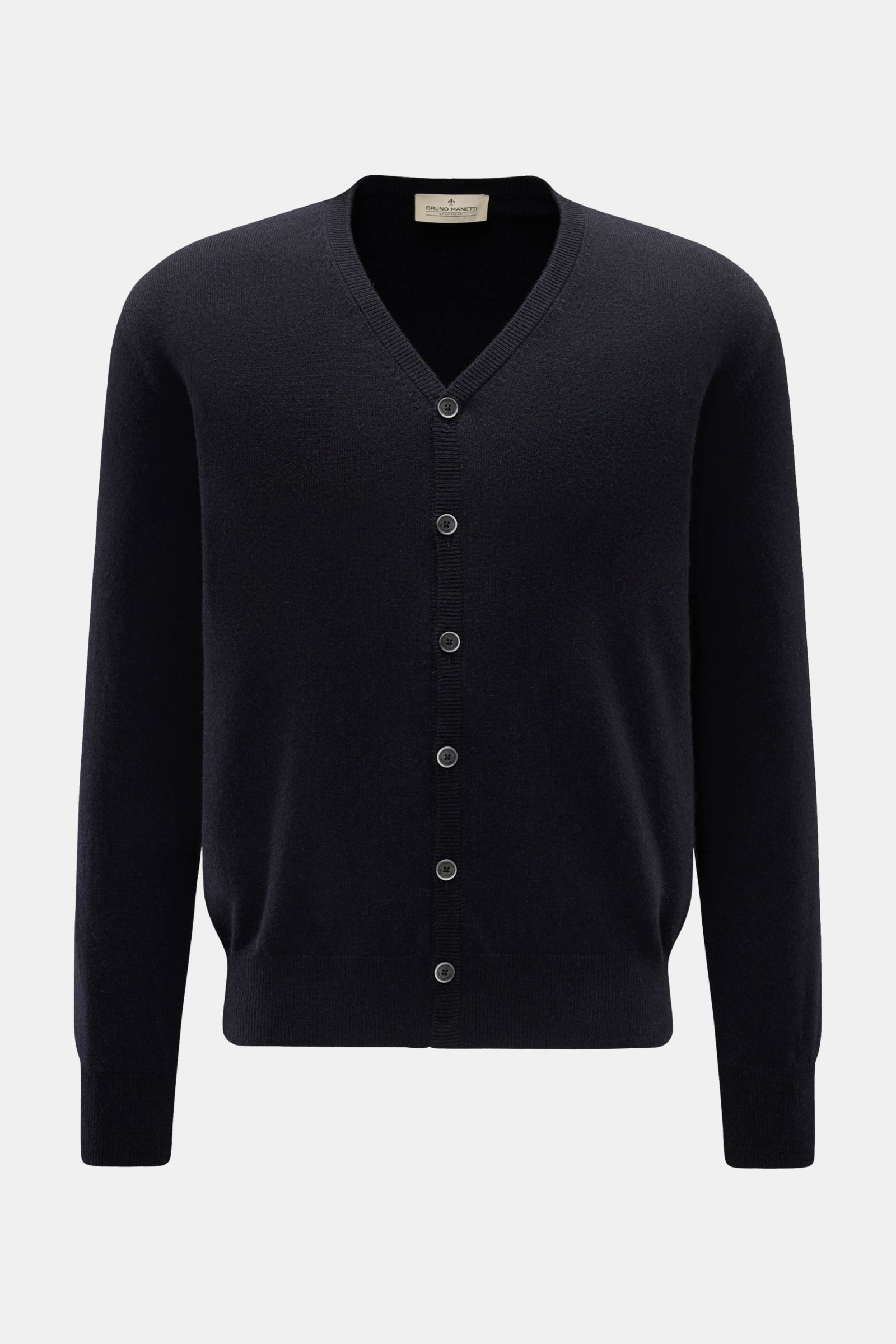 Bruno Manetti Cashmere Cardigan dark navy, Frontansicht, reiner Cashmere, weicher Griff, feines Strickbild, Regular Fit, V-Neck, Sechs-Knopf-Leiste, Rippbündchen.