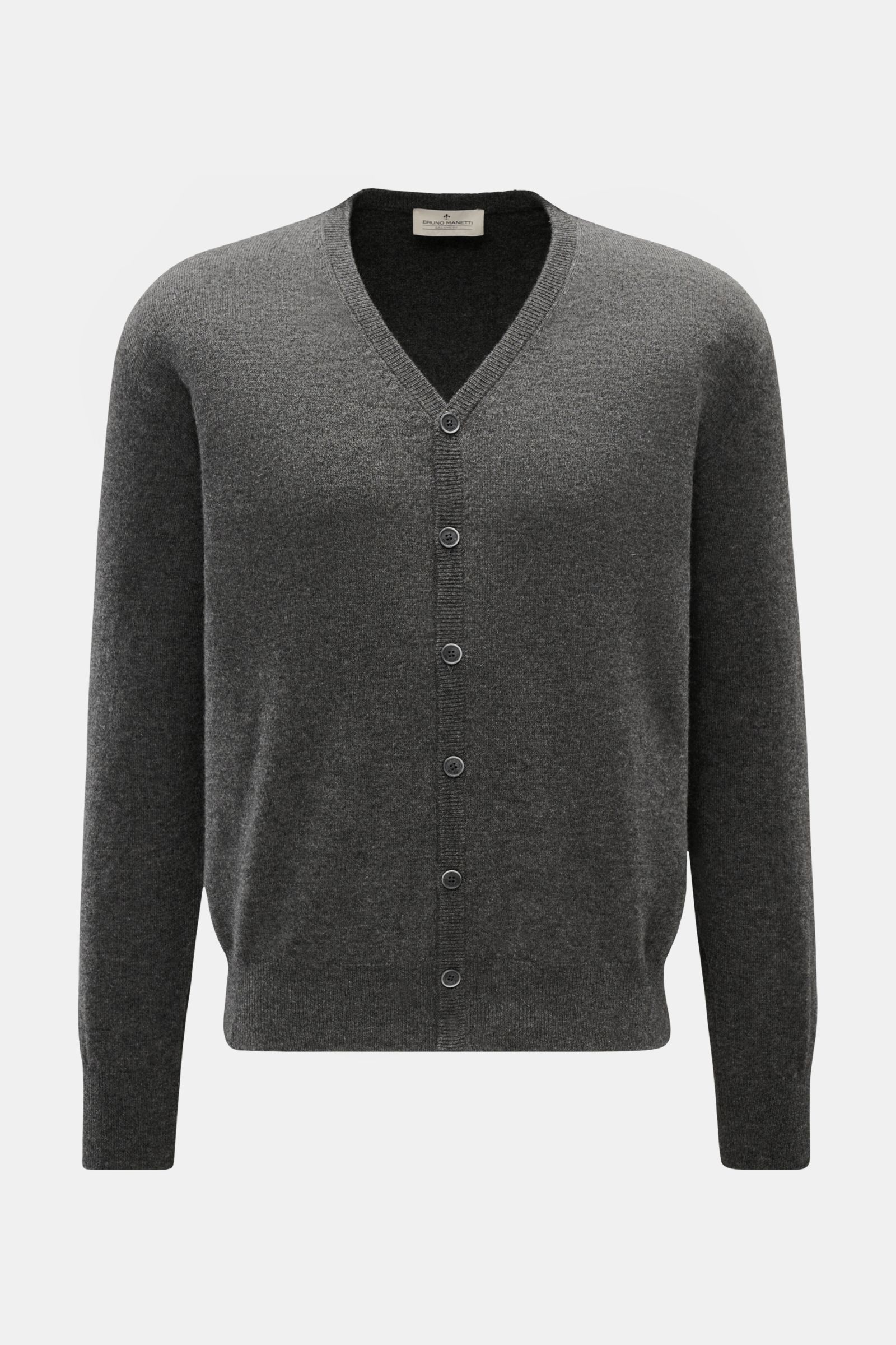 Bruno Manetti Cashmere Cardigan dunkelgrau meliert, Frontansicht, reiner Cashmere, weicher Griff, feines Strickbild, Regular Fit, V-Neck, Sechs-Knopf-Leiste, Rippbündchen.