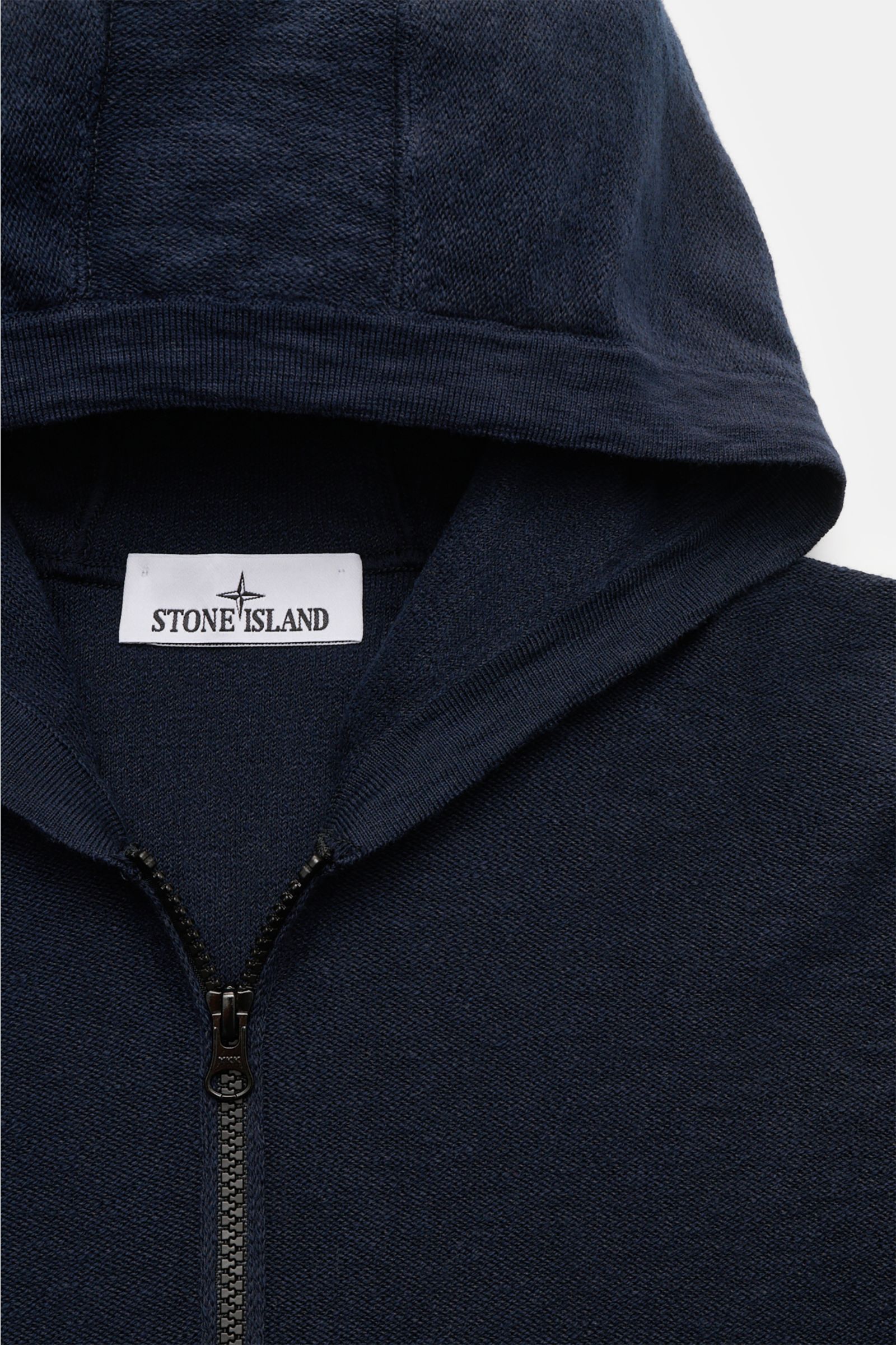Stone Island Sweatjacke navy mit Kapuze, Reißverschluss, linksgestrickter Baumwoll-Microfaser-Mix, Frontansicht, Regular Fit, Kompass-Badge.