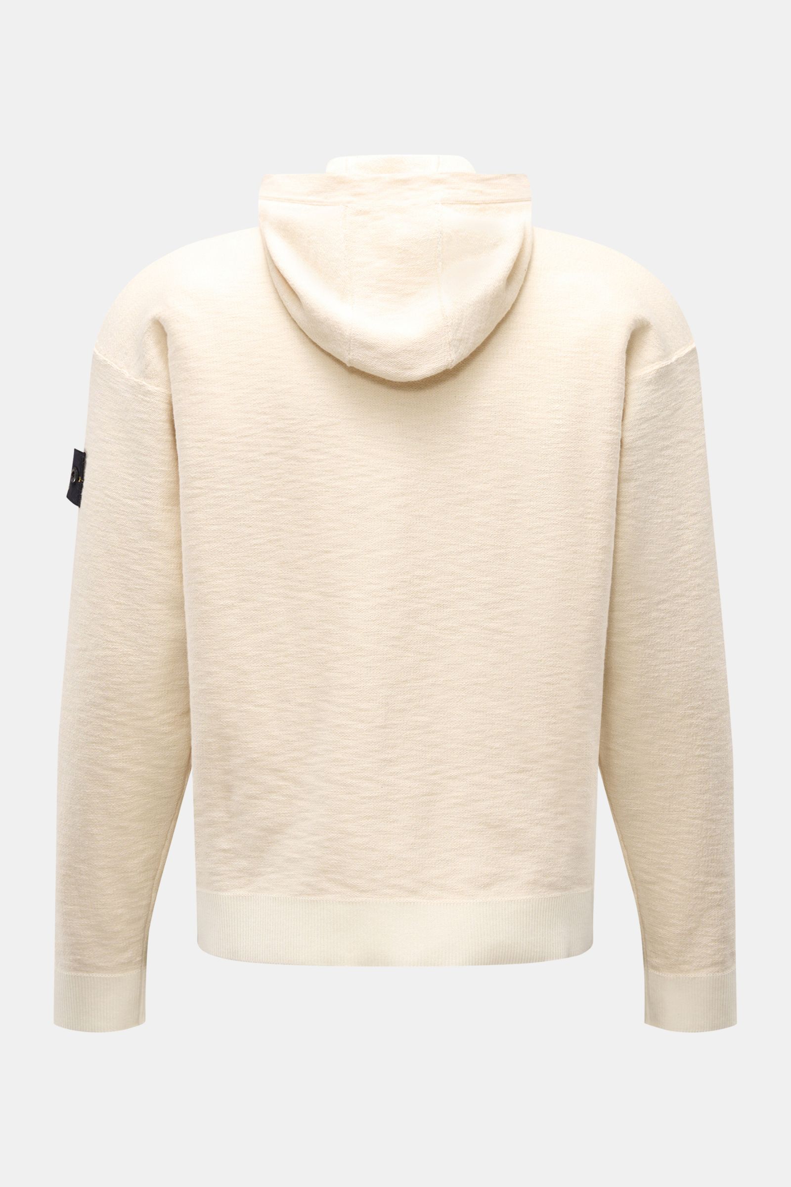 Rear view of Stone Island Sweatjacke creme hoodie in cream, showing regular fit, ribbed cuffs, split kangaroo pocket, and compass badge.

Description: Strick mit Twist: Die sportive Jacke mit Kapuze im modernen Linksstrick von STONE ISLAND wird zum ide