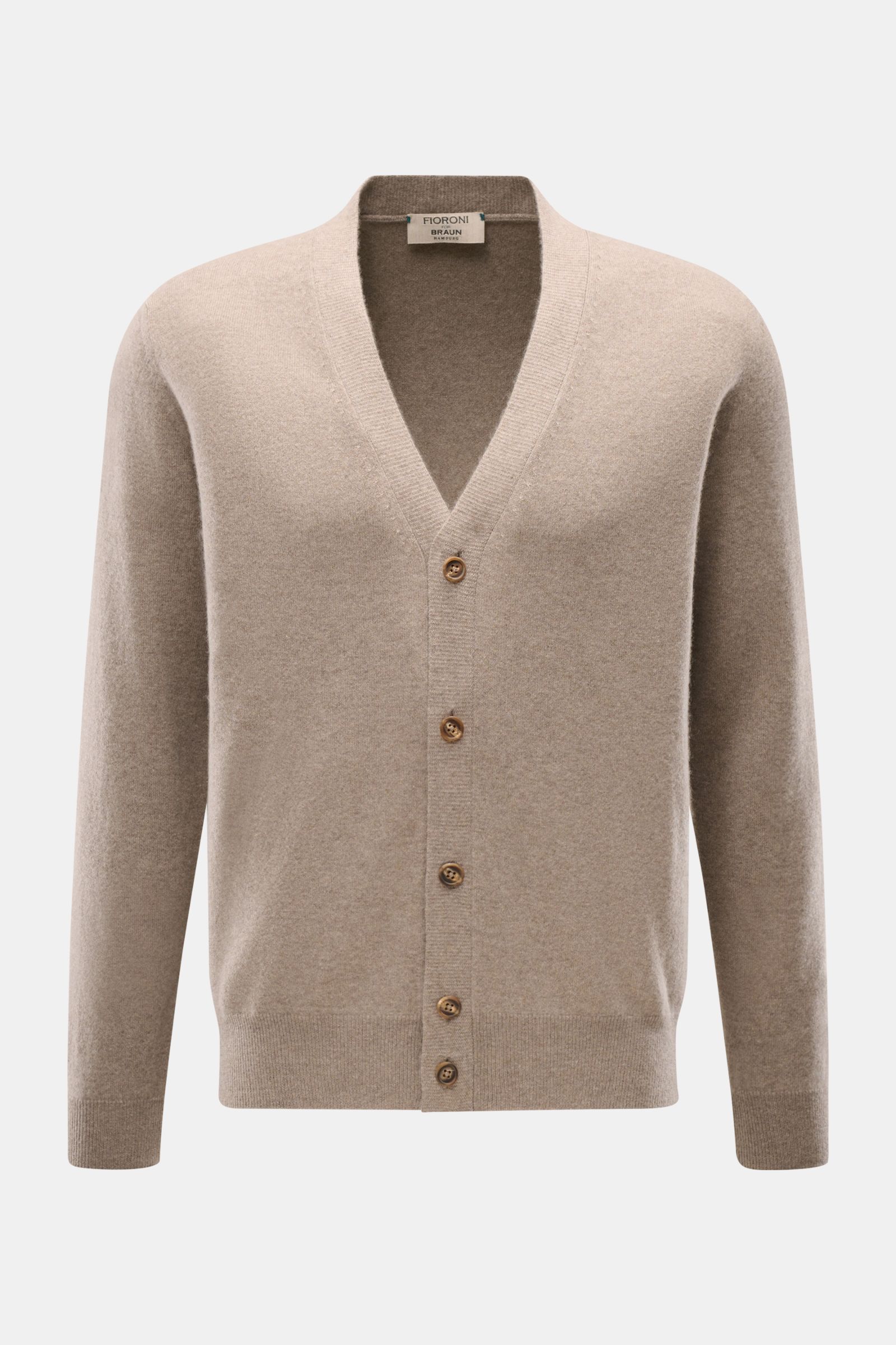 Front view of Fioroni Cashmere cardigan taupe mottled, made from pure baby cashmere with a fine knit, slim fit, smooth button placket, and flexible ribbed bands, showcasing exquisite Italian craftsmanship.