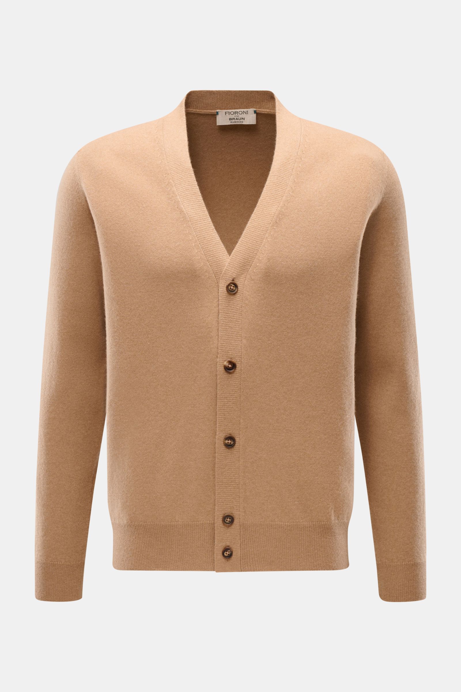 Front view of Fioroni Cashmere cardigan light brown mottled with V-neck, smooth button placket, slim fit, fine knit, and flexible ribbed bands, made of pure baby cashmere for a very soft feel, showcasing exquisite craftsmanship from Italy.