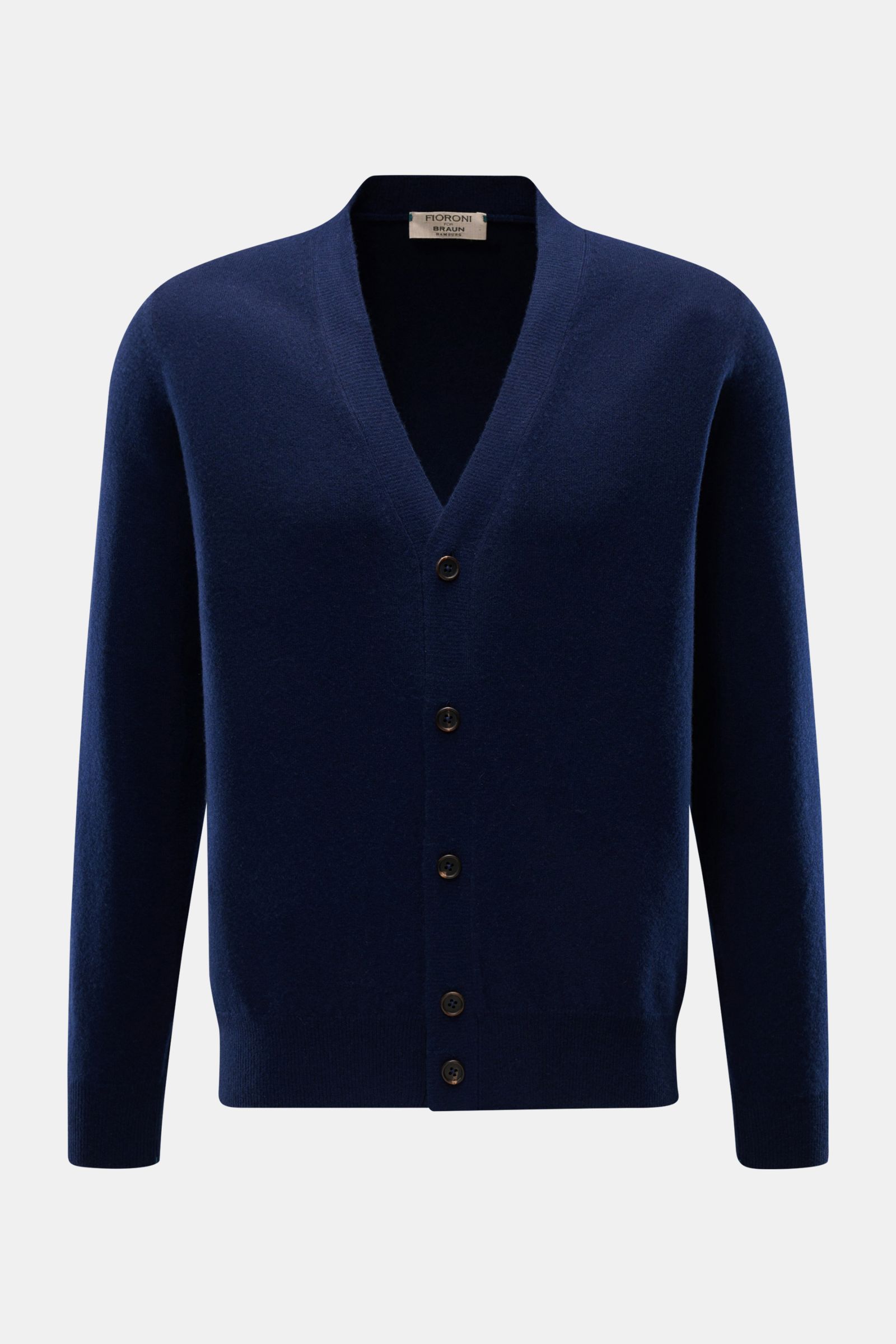 Front view of Fioroni Cashmere cardigan dark blue, a slim fit, fine knit baby cashmere piece with smooth button placket and flexible ribbed bands, showcasing exquisite Italian craftsmanship.