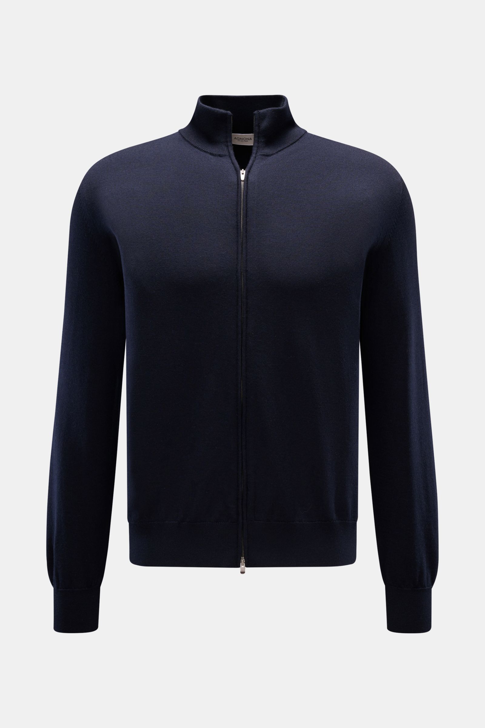 Agnona Strickjacke navy, Slim Fit, aus weicher reiner Wolle, mit Zwei-Wege-Reißverschluss, hohem Kragen, Rippbündchen, frontal fotografiert.