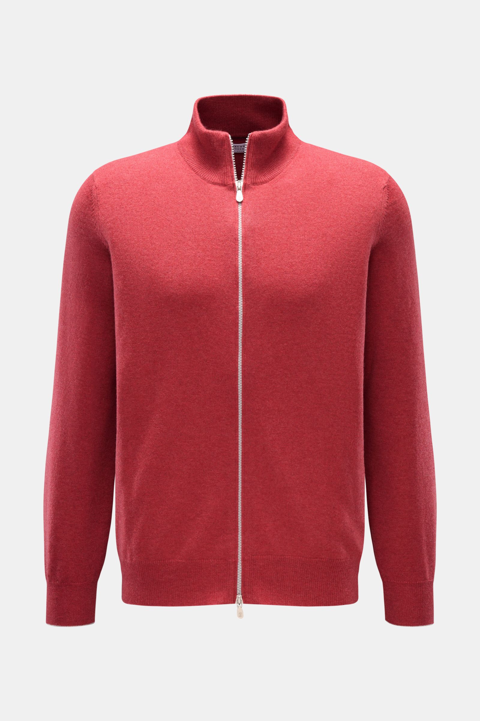 Front view of Brunello Cucinelli Cashmere Strickjacke hellrot, a soft, regular fit, light red cashmere cardigan with fine knit, narrow contrast edges at cuffs, two-way zipper, standing collar, and flexible ribbed cuffs.

Luxus für die Freizeitgarderobe