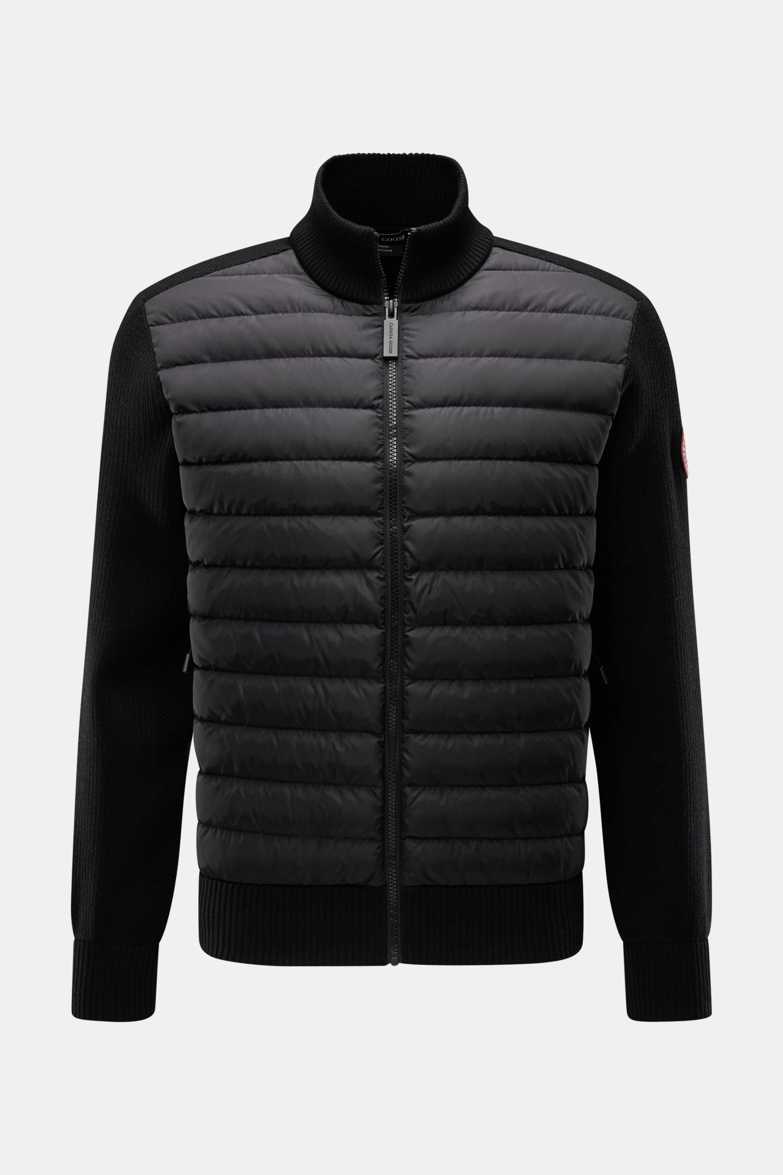 Canada Goose Strickjacke 'Hybridge Knit' schwarz, Frontansicht, Daunenfüllung vorne, reine Wolle, strukturierte Optik, Slim Fit, Stehkragen