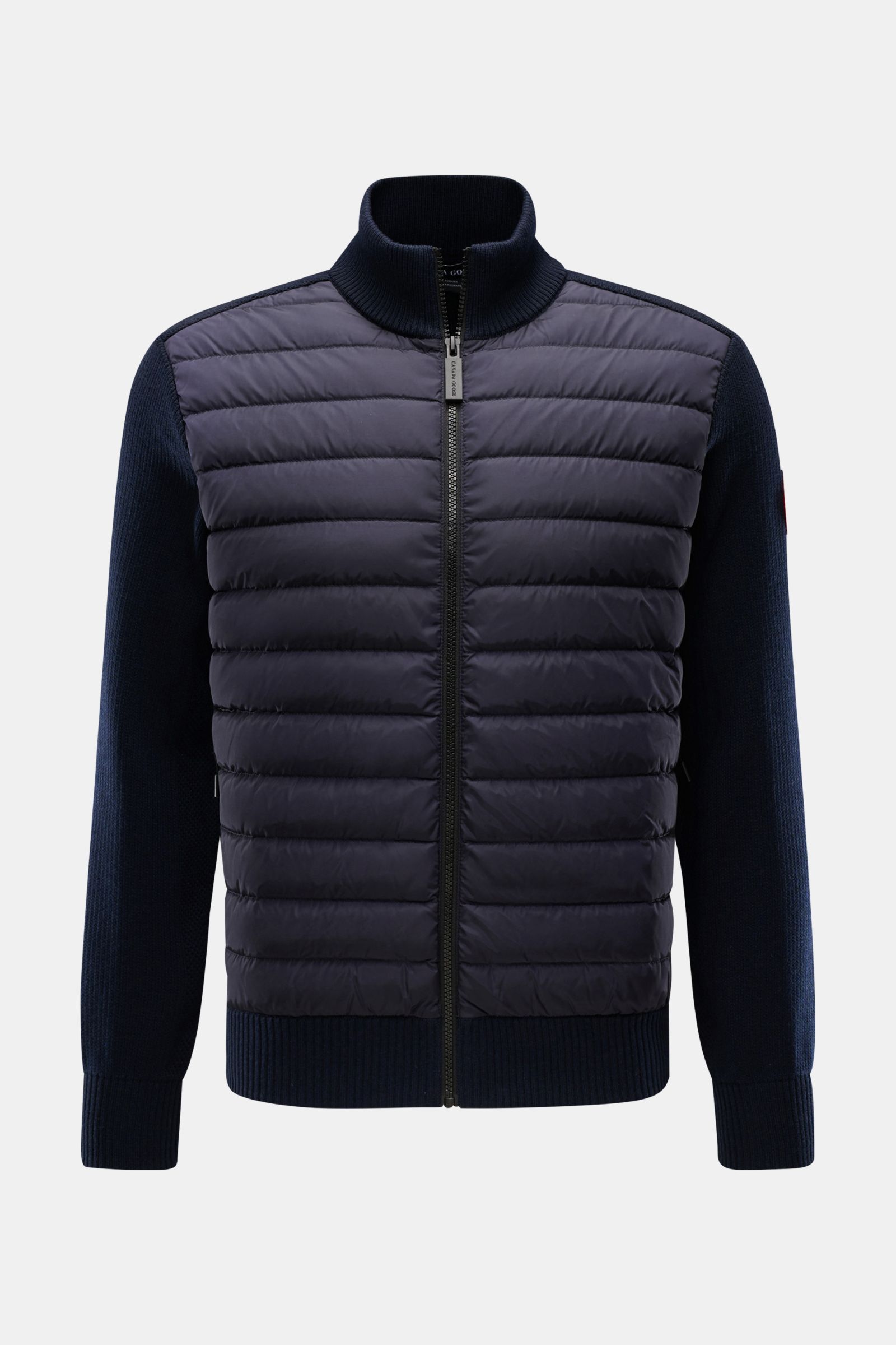 Canada Goose Strickjacke 'Hybridge Knit' navy, frontale Ansicht, Daunen-gefüllte gesteppte Front, reine Wolle, Slim Fit, Stehkragen, Reißverschluss, Zipper-Taschen.