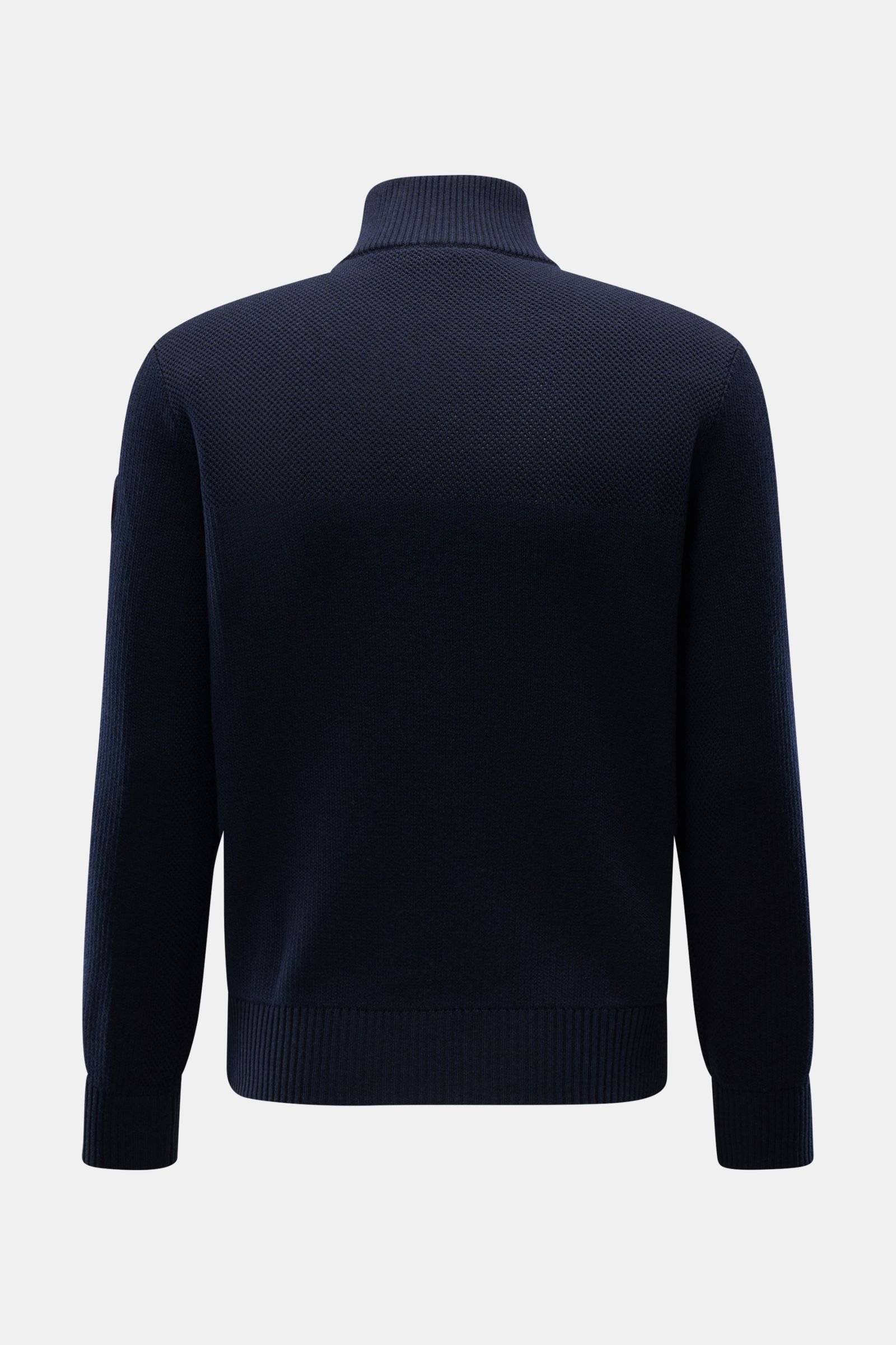 Canada Goose Strickjacke 'Hybridge Knit' navy, Rückansicht, reine Wolle, Daunen-Front, Slim Fit, Stehkragen, Zipper-Taschen, Rippbündchen, strukturierte Muster.